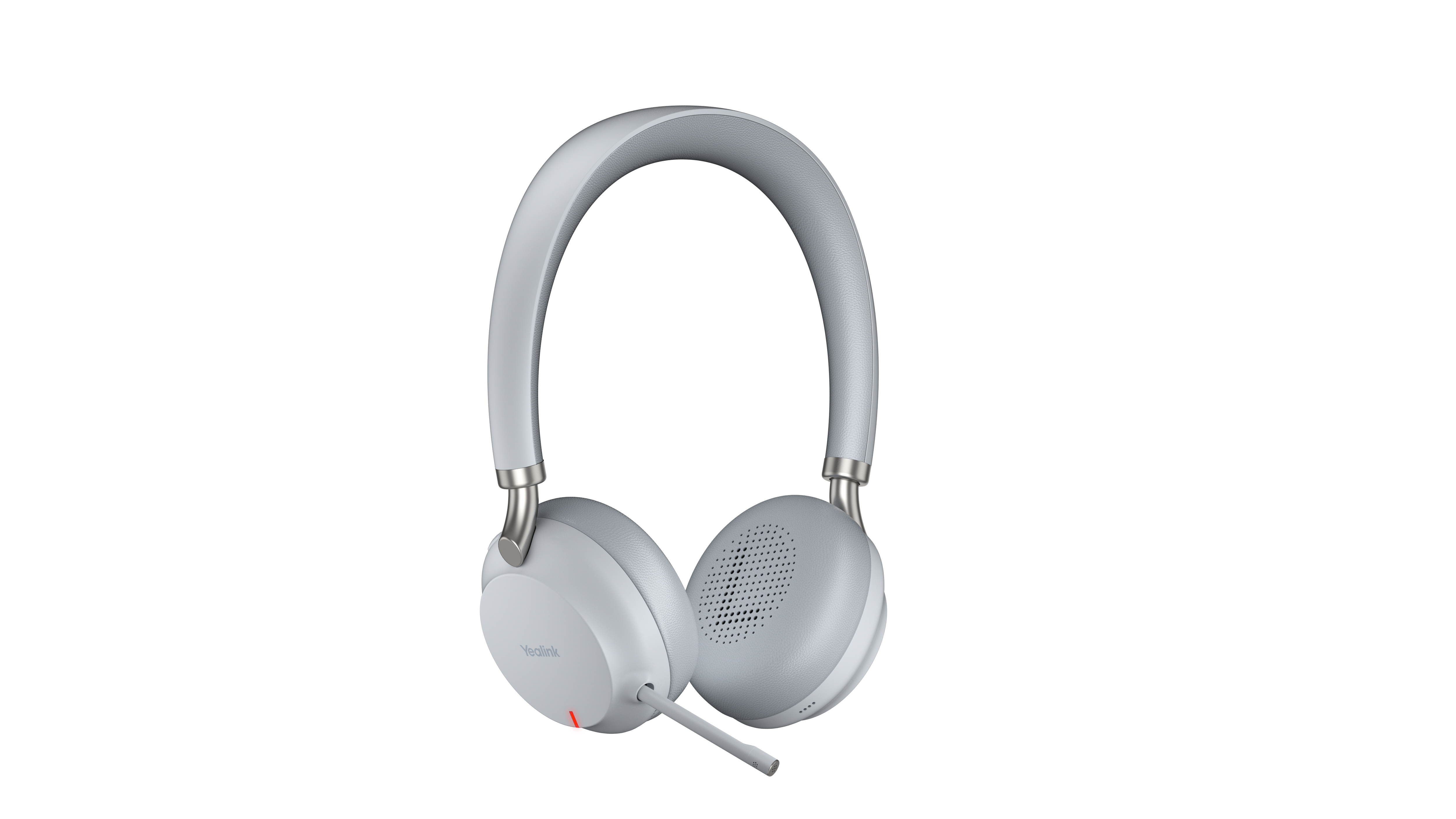 Cuffie Yealink bianche over-ear con microfono. Le cuffie hanno una fascia e padiglioni grigi.