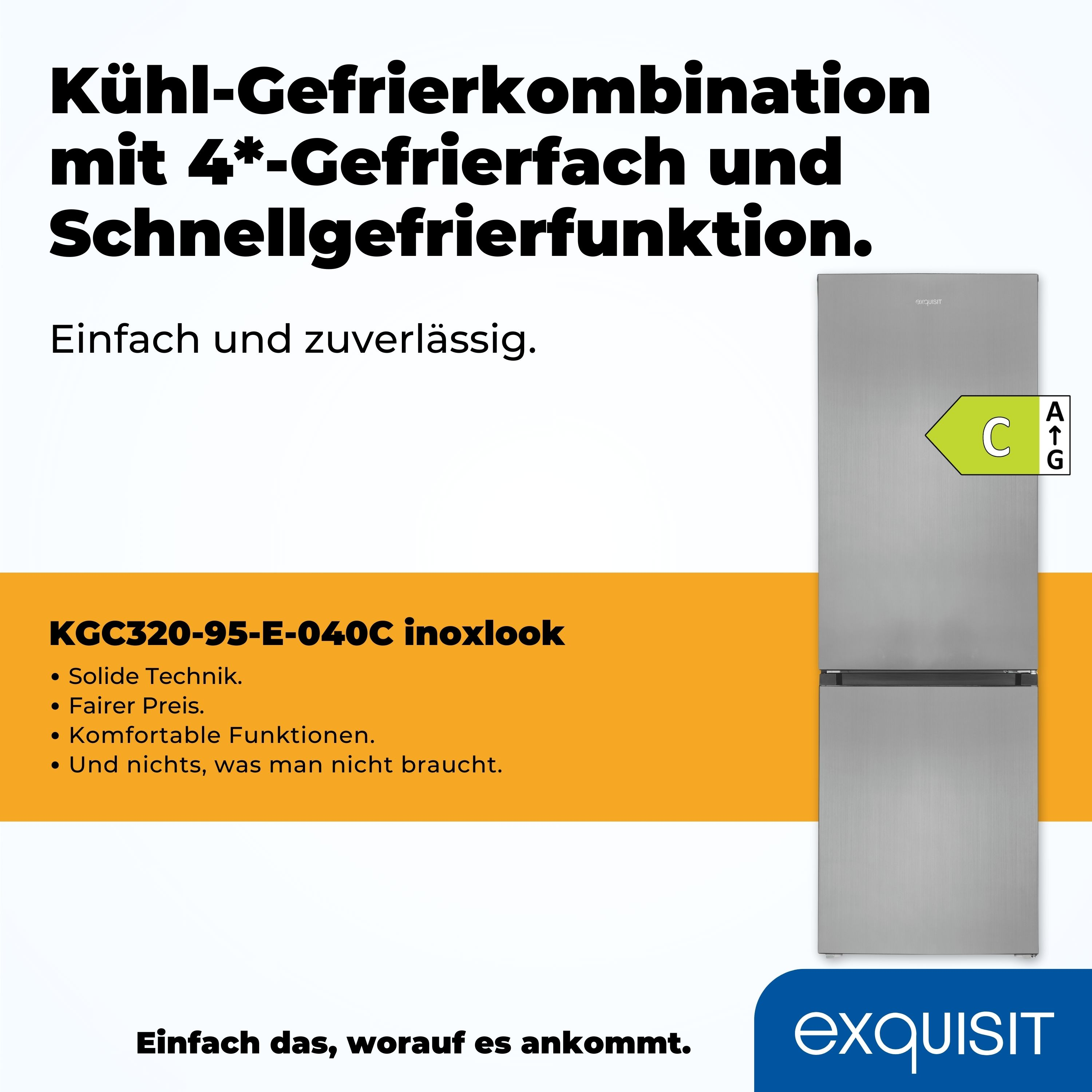 Kühlschrank mit Energieeffizienzlabel, neben einem orangefarbenen Banner mit Text.