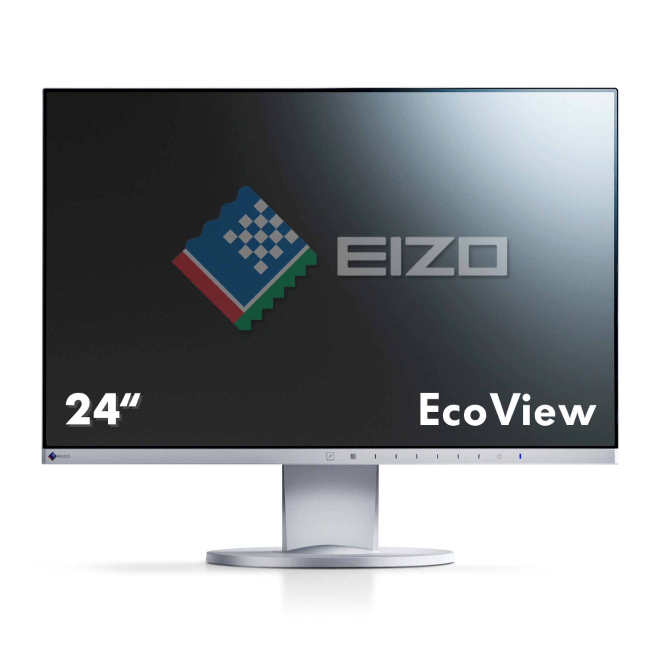 Un monitor per computer argentato con il logo EIZO su uno schermo nero.