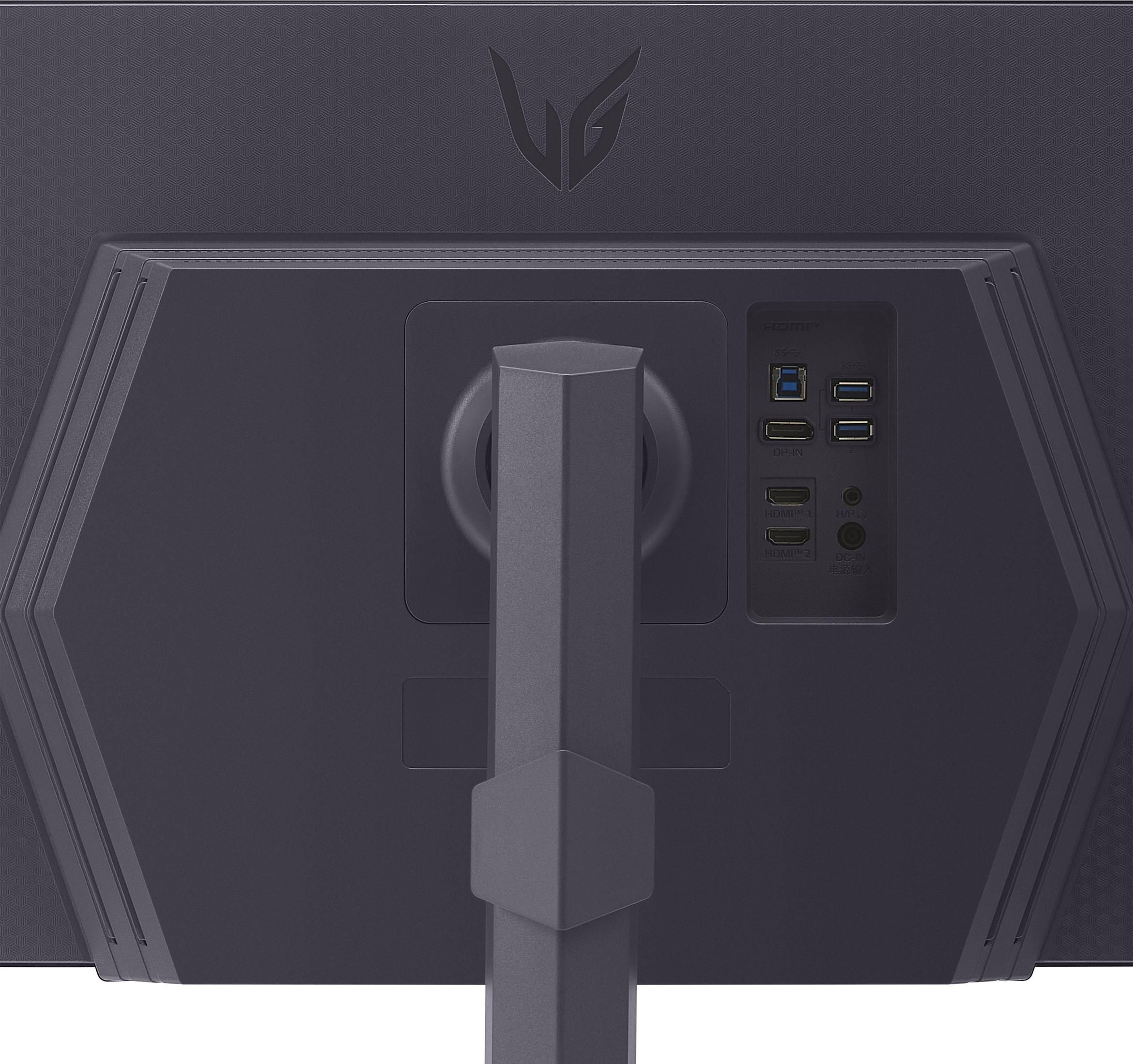 Tył ciemnego monitora z portami i podstawą. Posiada logo LG.