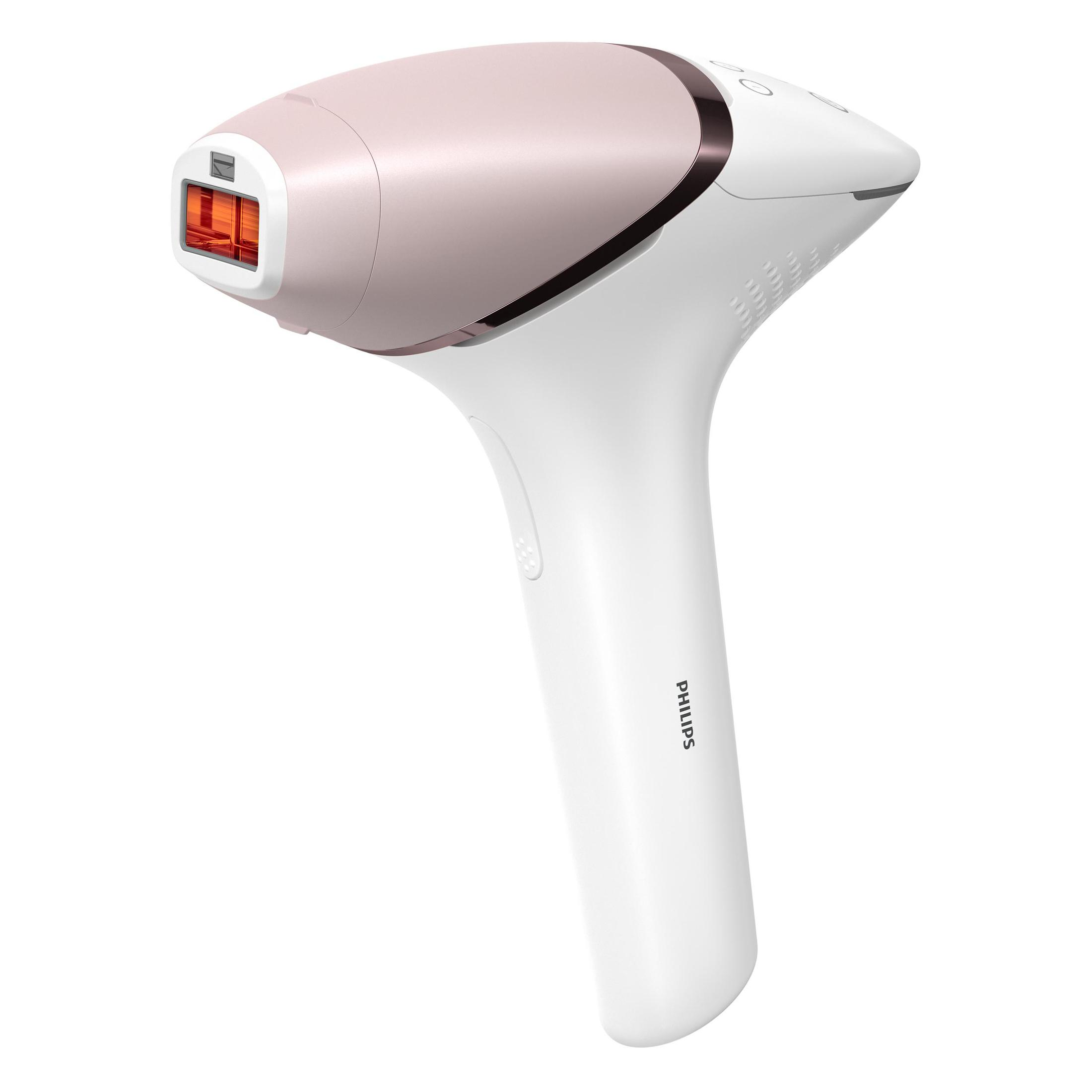 Un appareil d'épilation IPL Philips blanc et rose. Vue en angle, fond blanc.