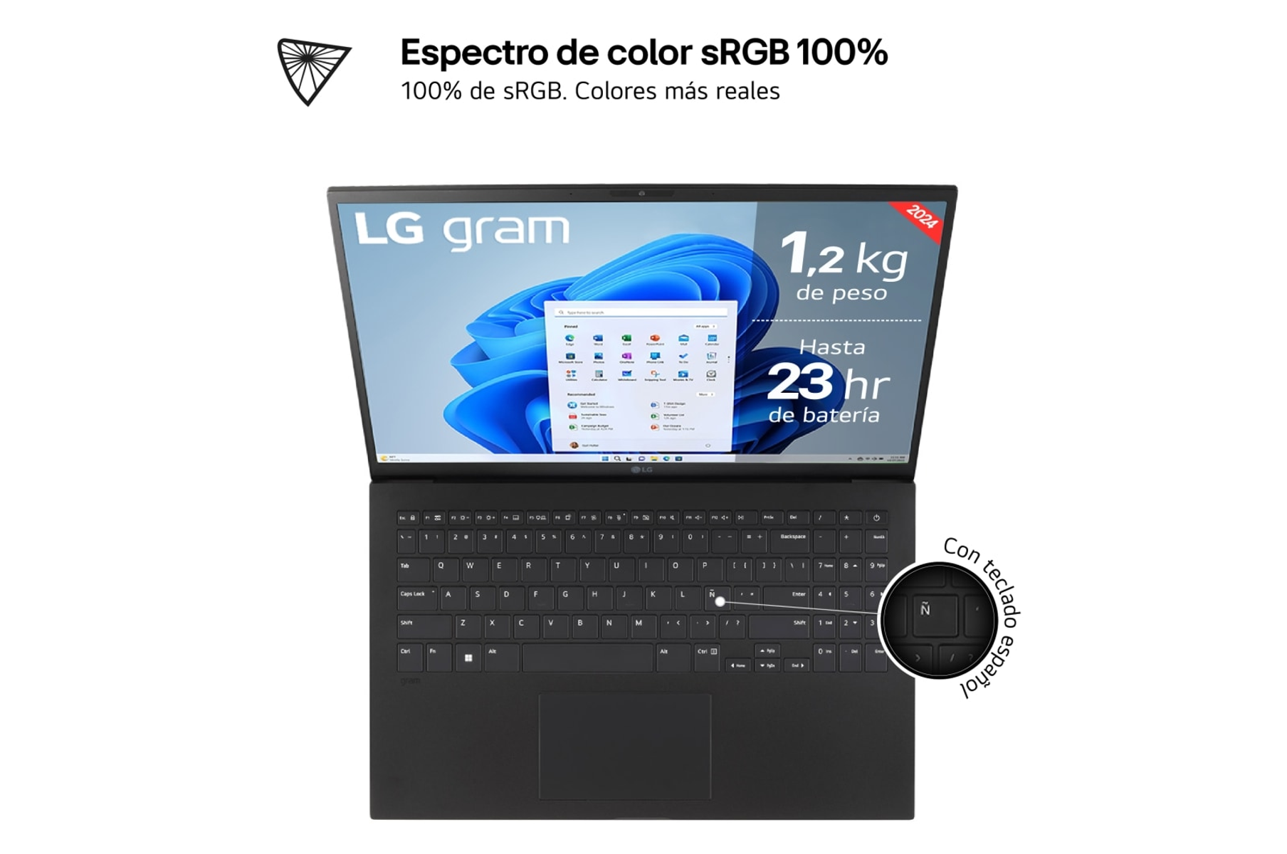 Portátil LG Gram, negro, con teclado. La pantalla muestra una interfaz.