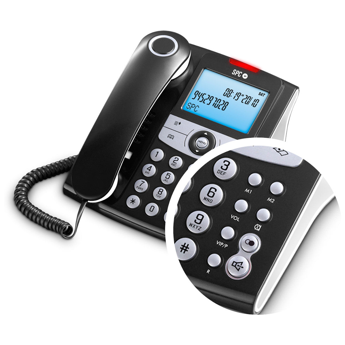 Telefono fisso nero con display digitale che mostra ora e numeri, con un primo piano dei pulsanti.