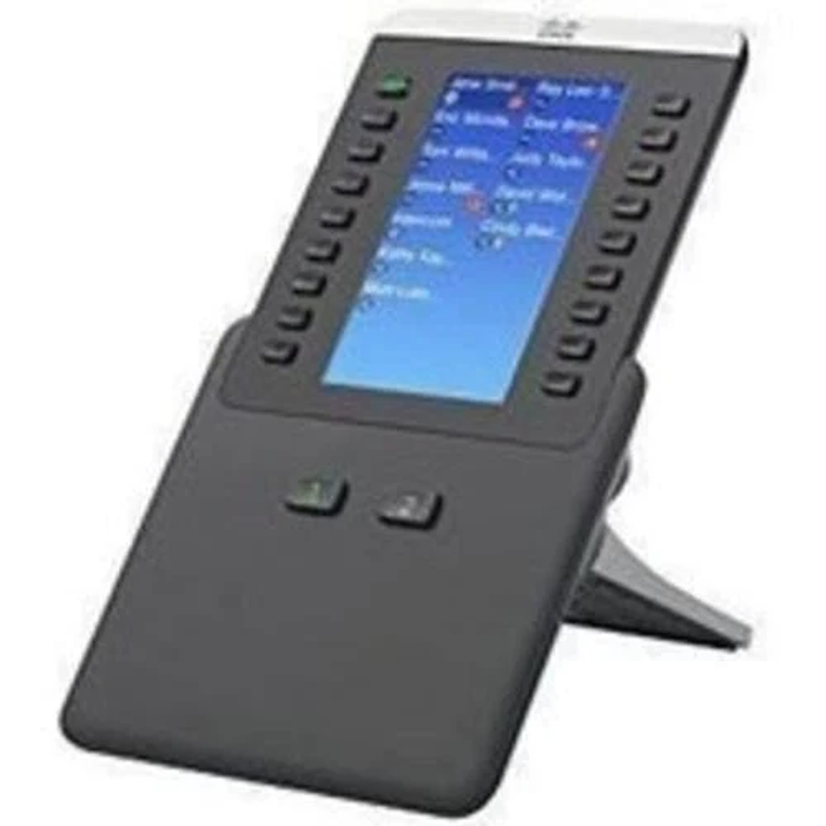 Teléfono de escritorio gris oscuro, marca Cisco. Tiene una pantalla y numerosos botones. Base es un soporte.