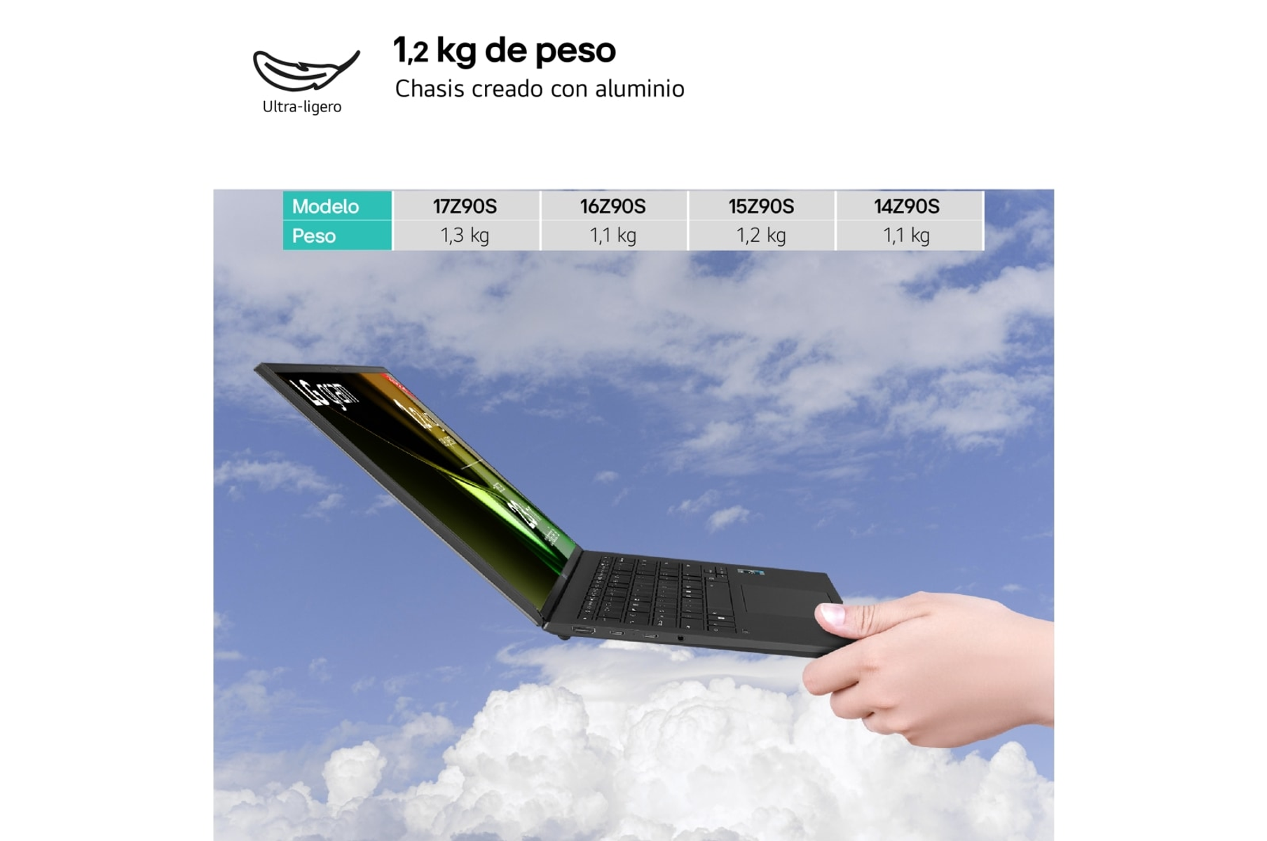 Portátil sostenido por una mano contra un cielo nublado con tabla de especificaciones.