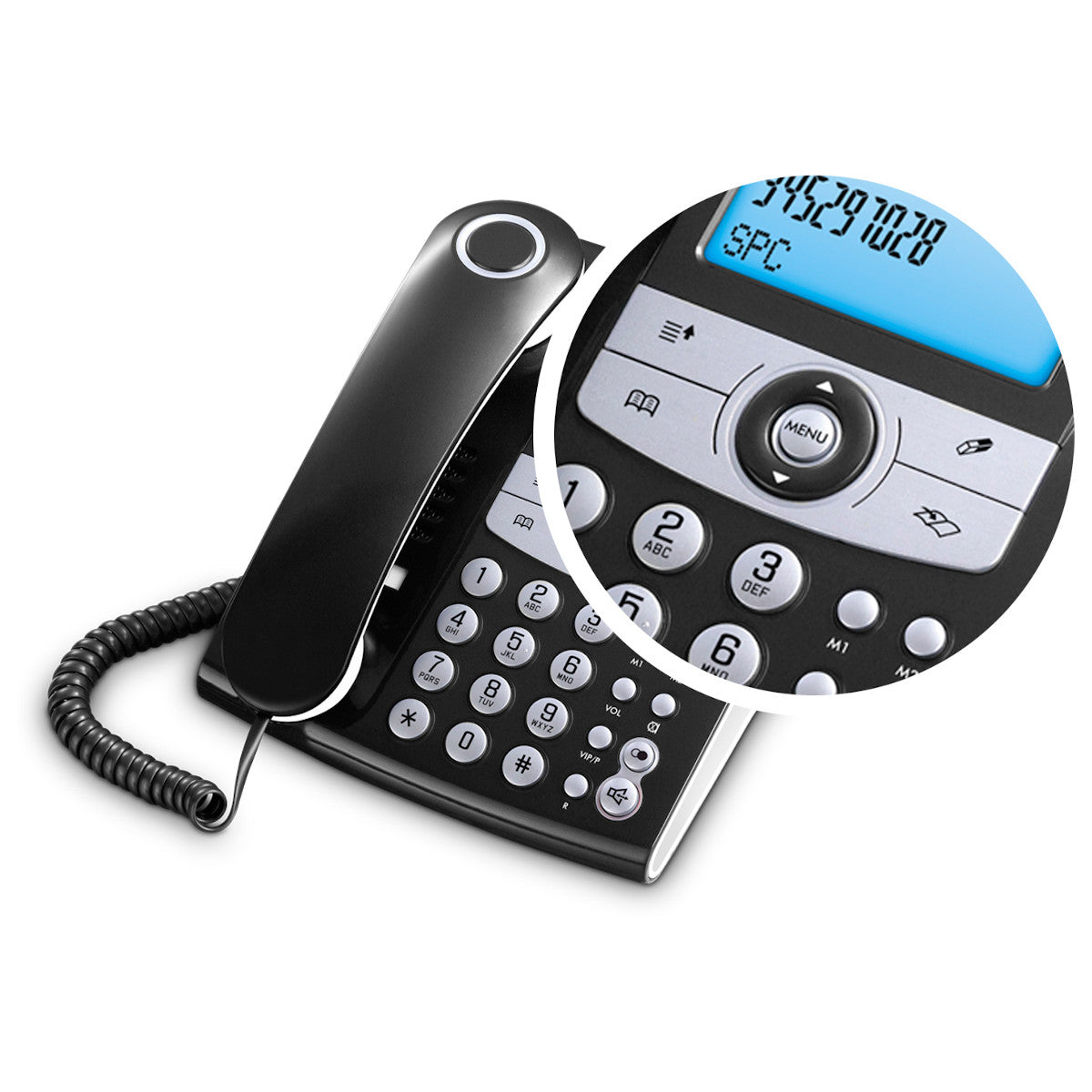 Telefono fisso nero con primo piano del display numerico.