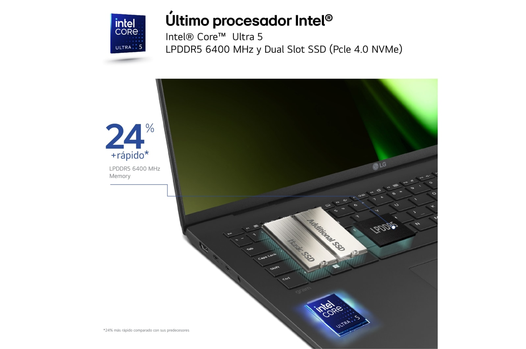 Portátil con una pegatina Intel Core Ultra 5. Está abierto, mostrando el teclado y la pantalla.
