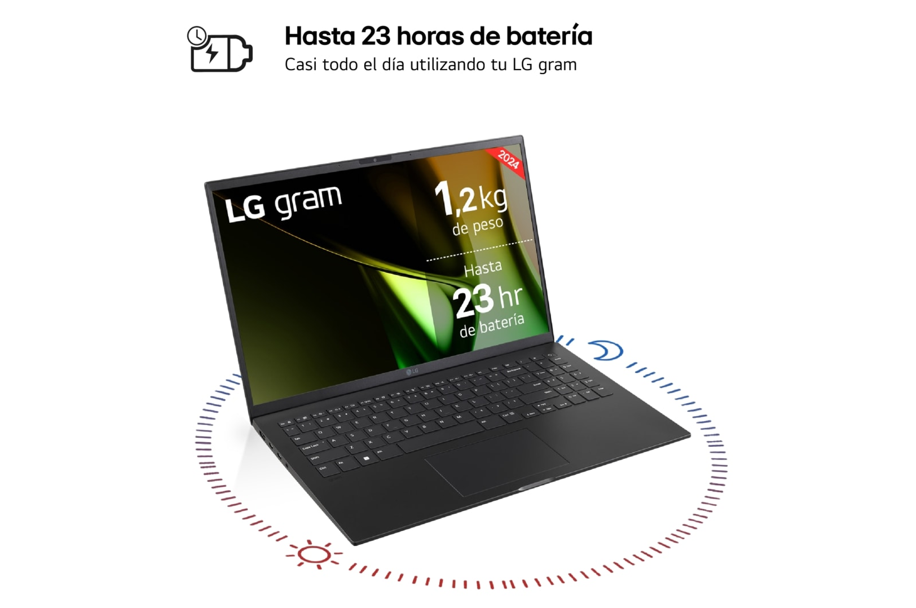 Portátil negro con texto. La pantalla muestra texto que indica 23 horas de batería.
