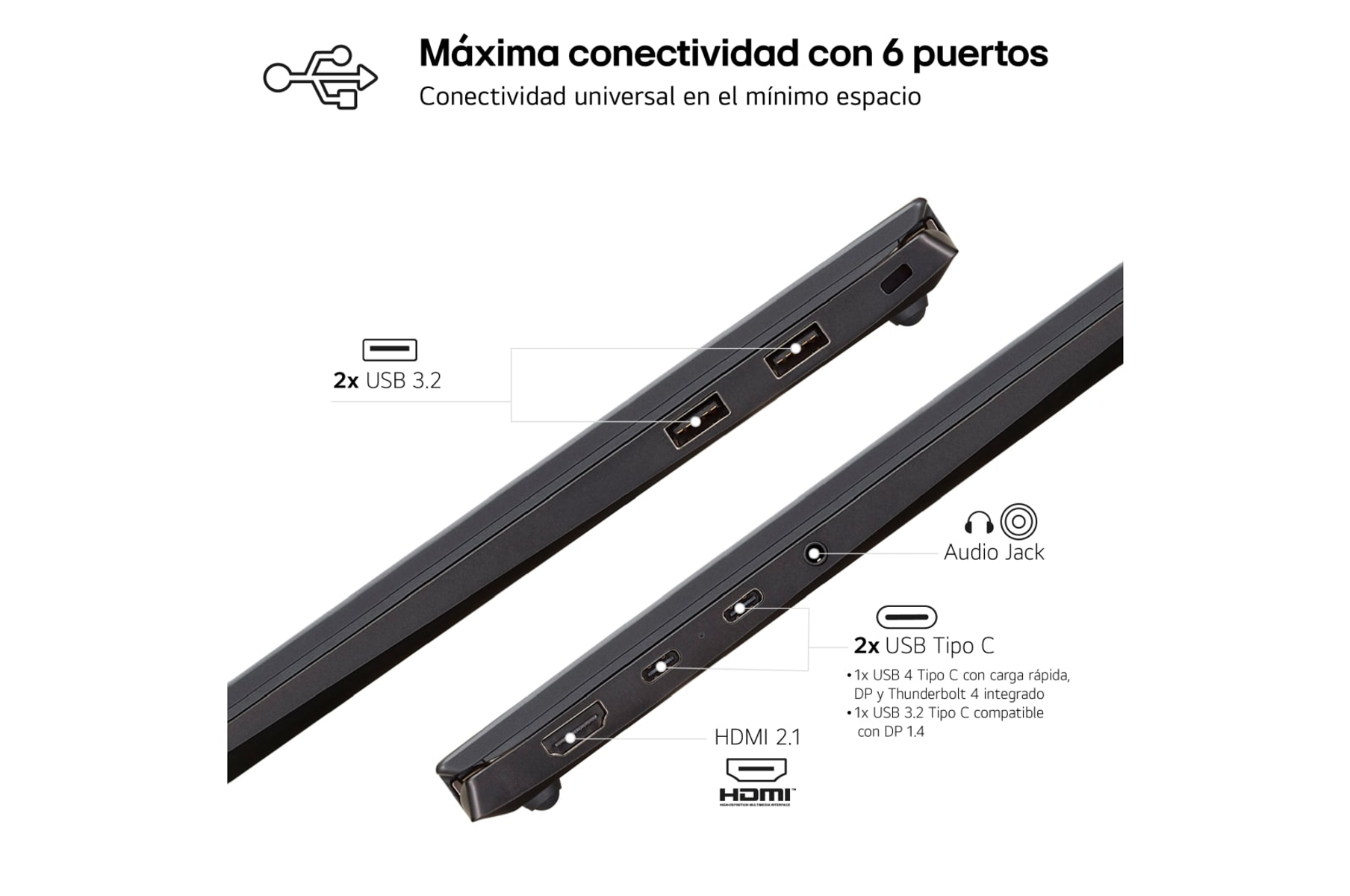 Puertos de portátil: USB 3.2, USB-C, HDMI 2.1 y conector de audio. Detalles en el lateral.