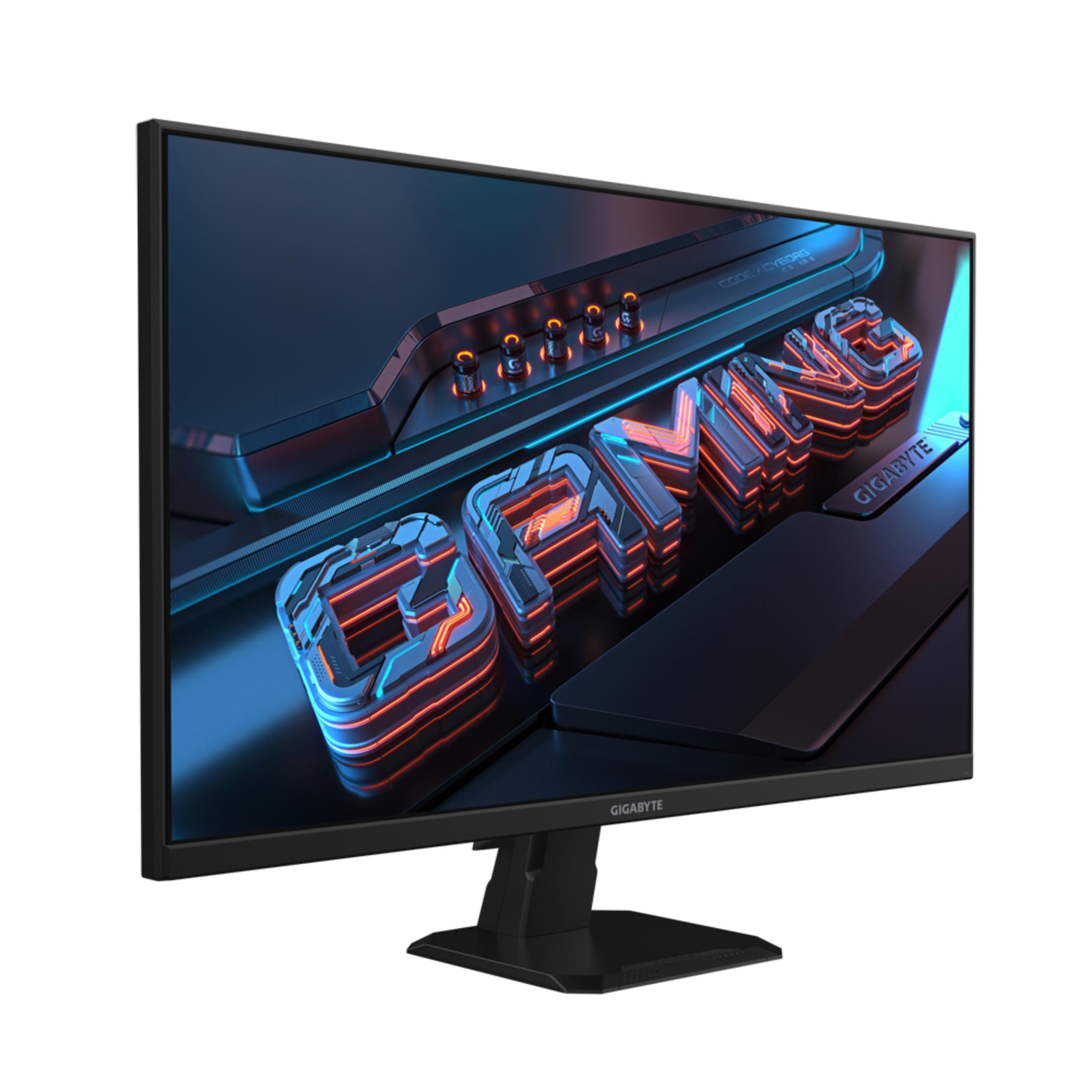 Ein Gaming-Monitor, der eine futuristische Grafik mit dem Wort GAMING in großen Buchstaben anzeigt.