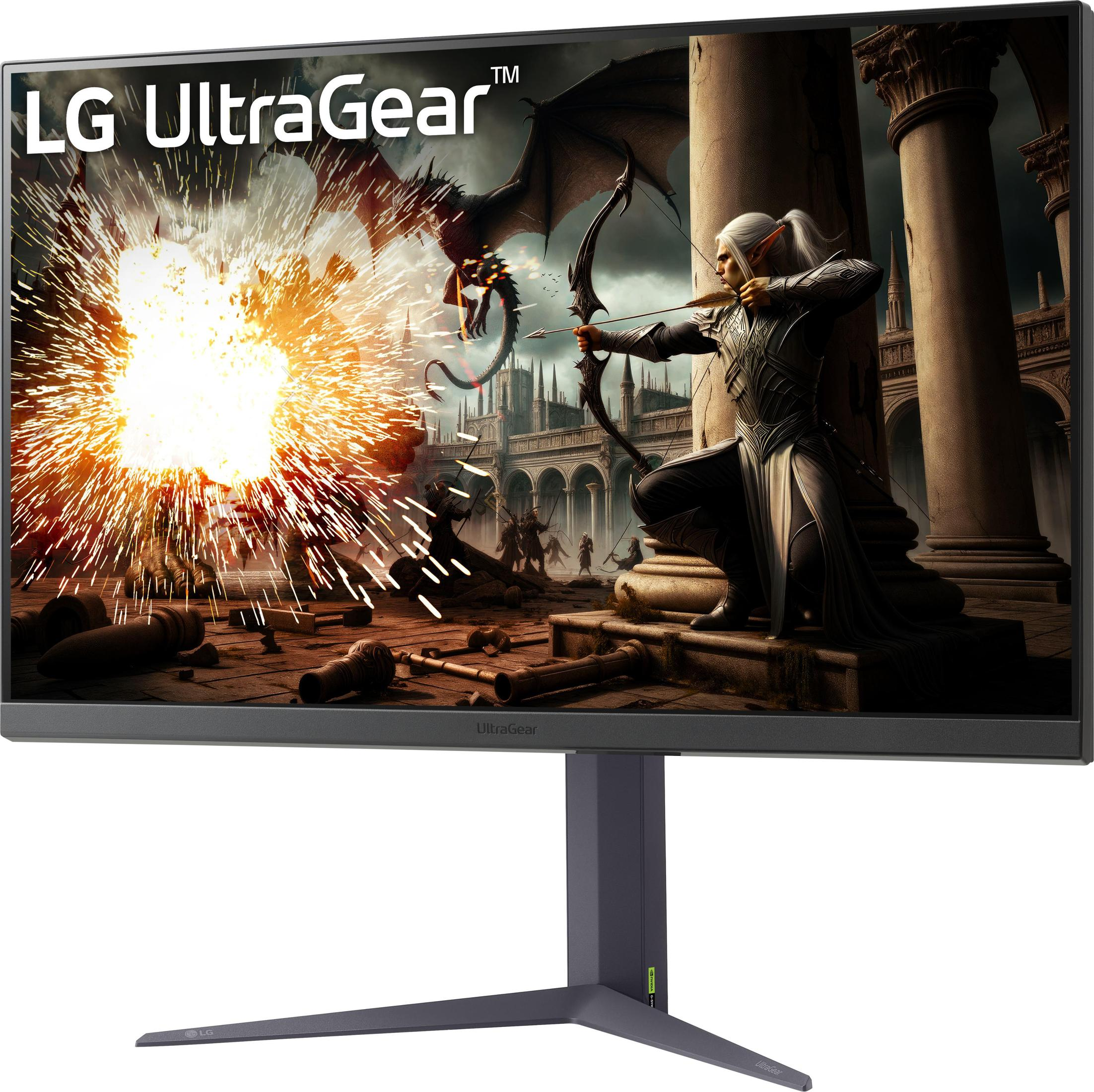 Monitor do gier LG UltraGear. Wyświetlana jest scena fantasy z wojownikiem i smokiem.