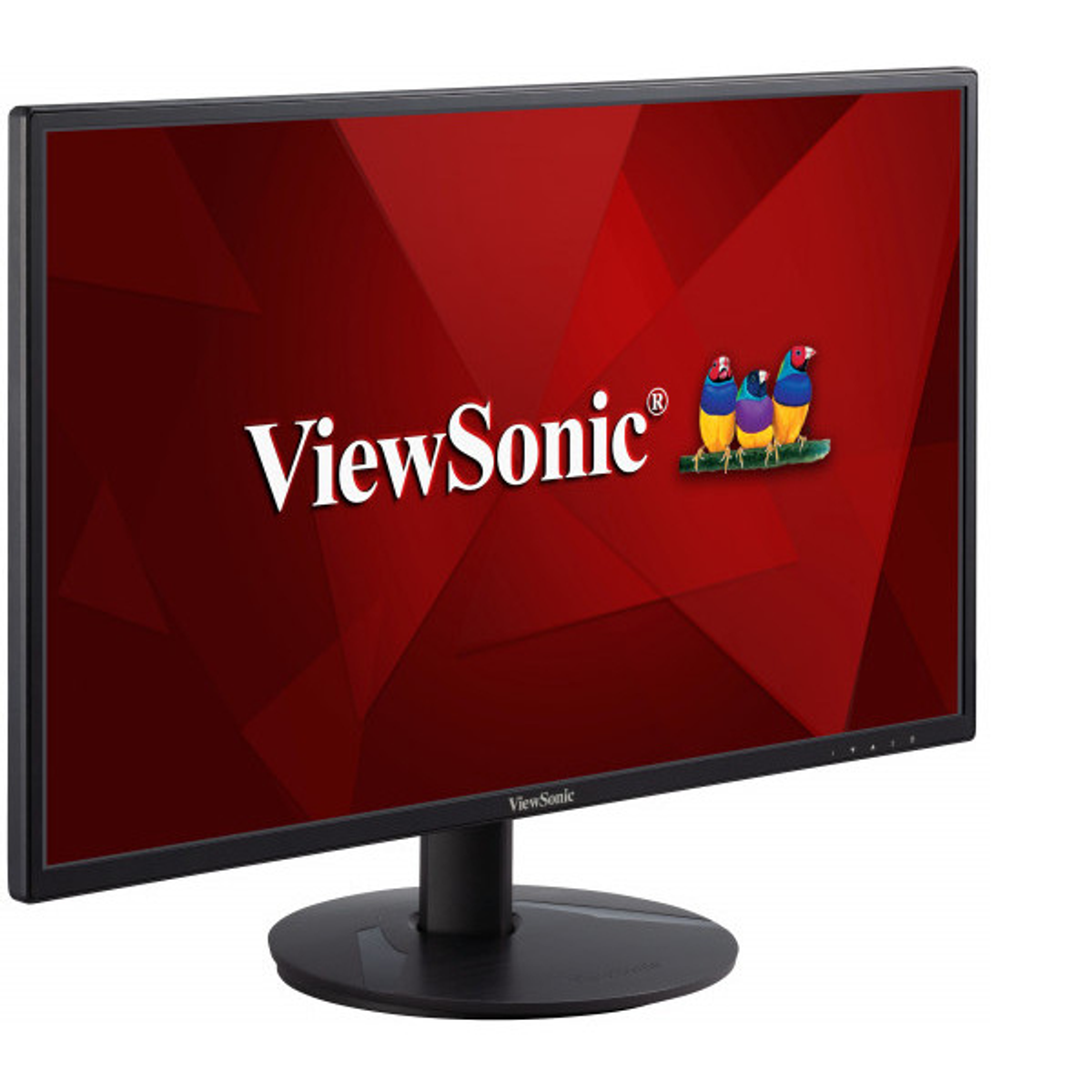 Un monitor nero che mostra il logo ViewSonic su uno sfondo rosso. Sfondo bianco.