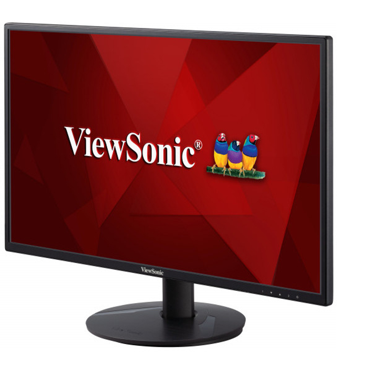 Monitor ViewSonic con sfondo rosso con il marchio e immagini di uccelli.