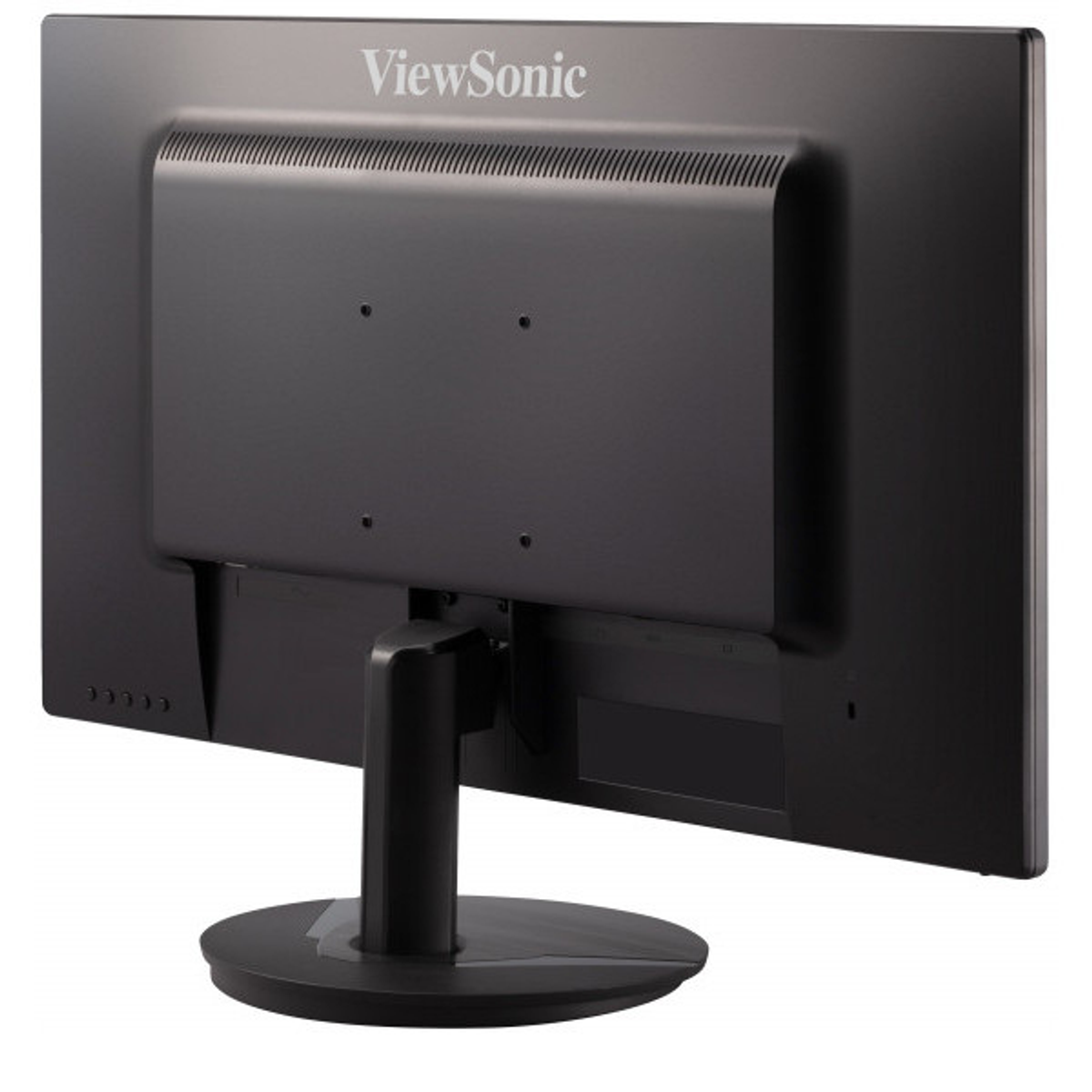 Vista posteriore di un monitor per computer nero con logo ViewSonic e supporto.