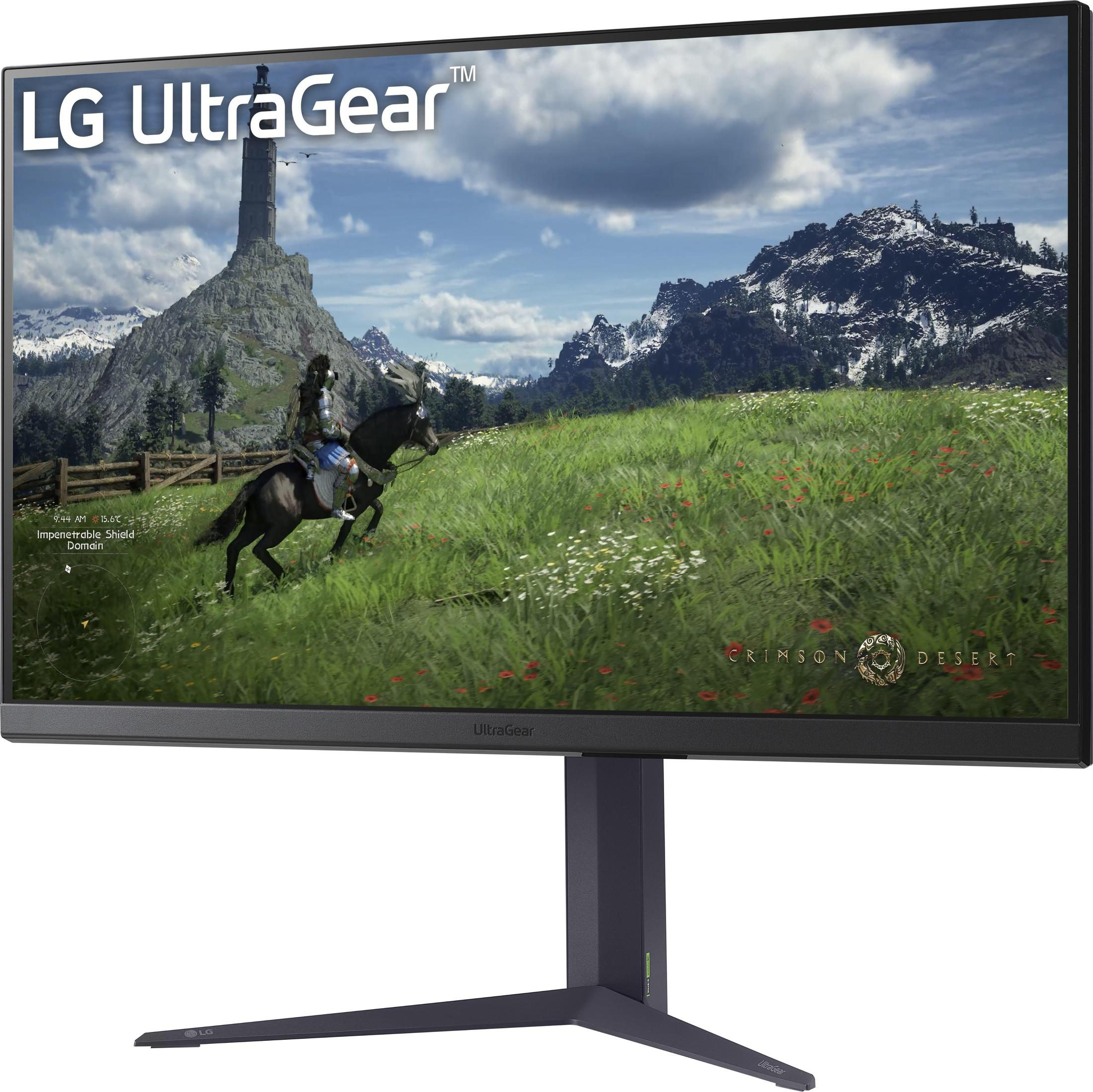 Ein LG UltraGear Monitor, der eine Spielszene mit einem Ritter auf dem Pferd anzeigt. Der Bildschirm ist in einem Raum.