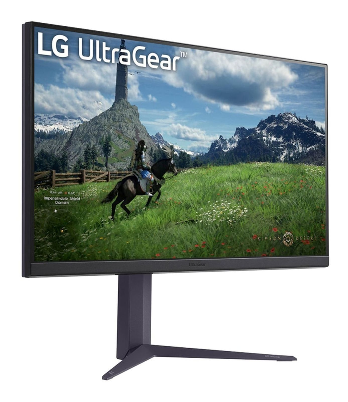 LG UltraGear Monitor zeigt eine Spielszene: ein Reiter auf einem Pferd, Berge und ein Turm.