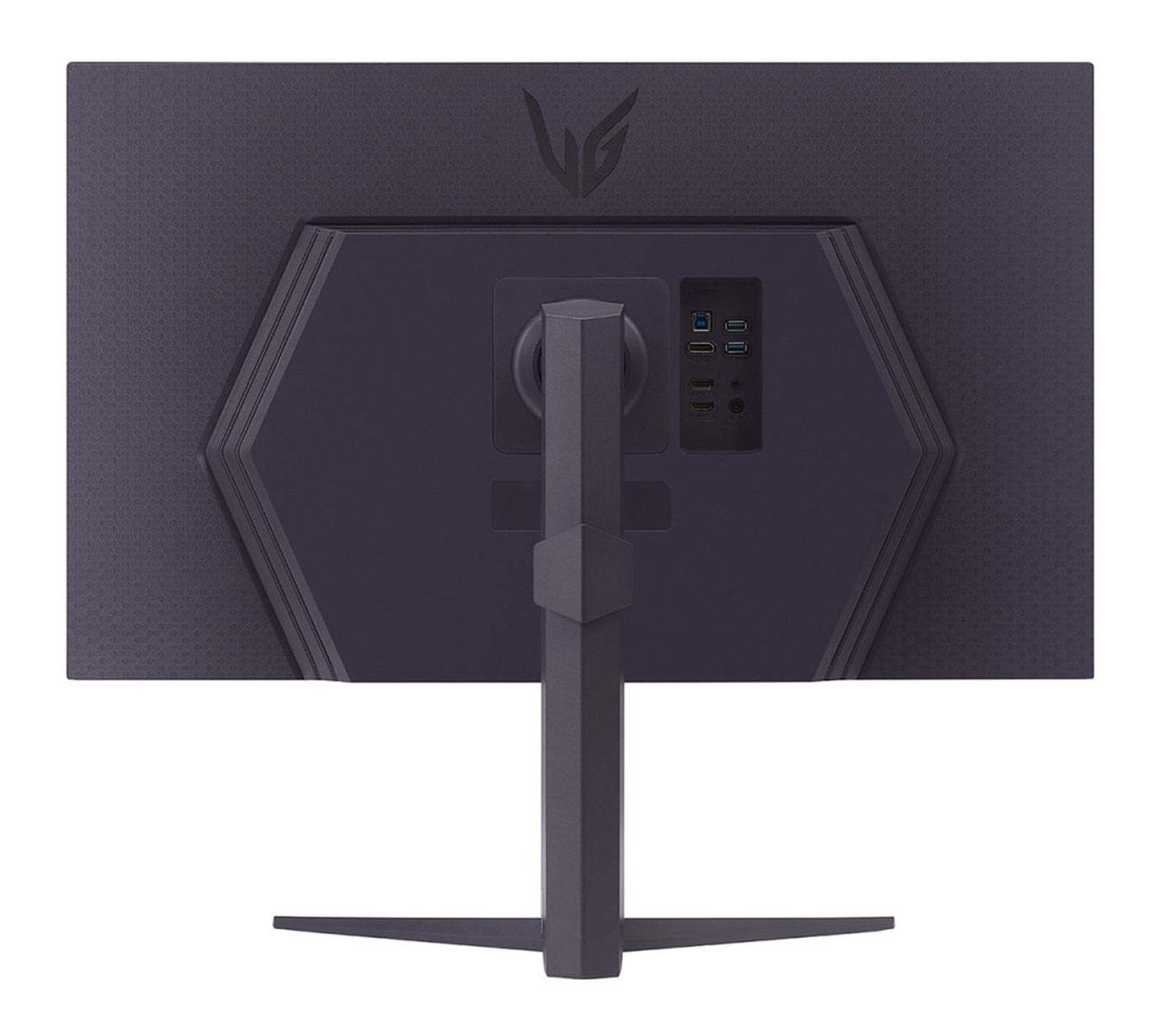 Die Rückseite eines dunkelgrauen LG-Monitors mit Ständer. Anschlüsse für USB und HDMI sind sichtbar.