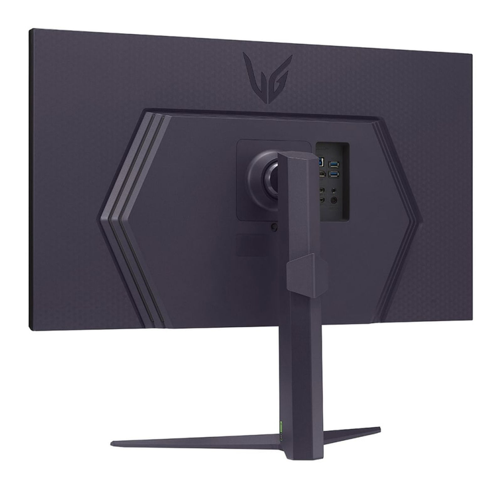 Rückansicht eines dunklen Monitors mit Ständer. Oben befindet sich ein Logo und hinten sind Anschlüsse sichtbar.