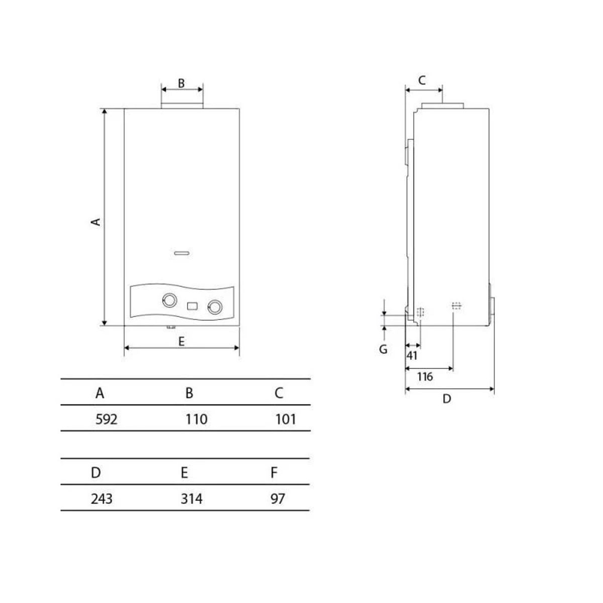Diagrama con dimensiones y medidas para un objeto rectangular, con etiquetas A, B, C, D, E, F, G.