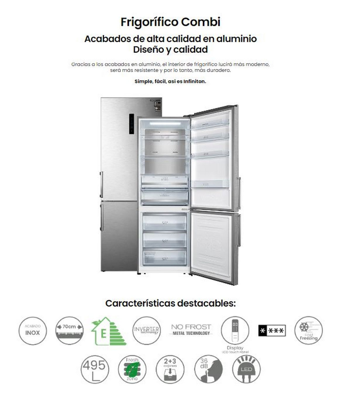 Refrigerador plateado con puertas abiertas. Texto e iconos de características.