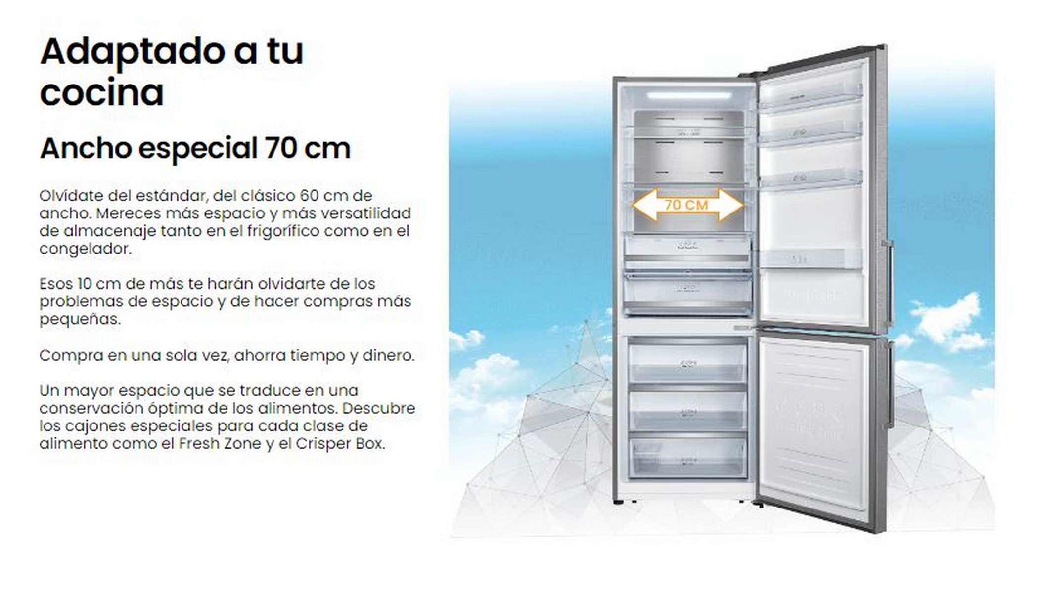 Refrigerador con puertas abiertas, mostrando el interior y dimensiones.