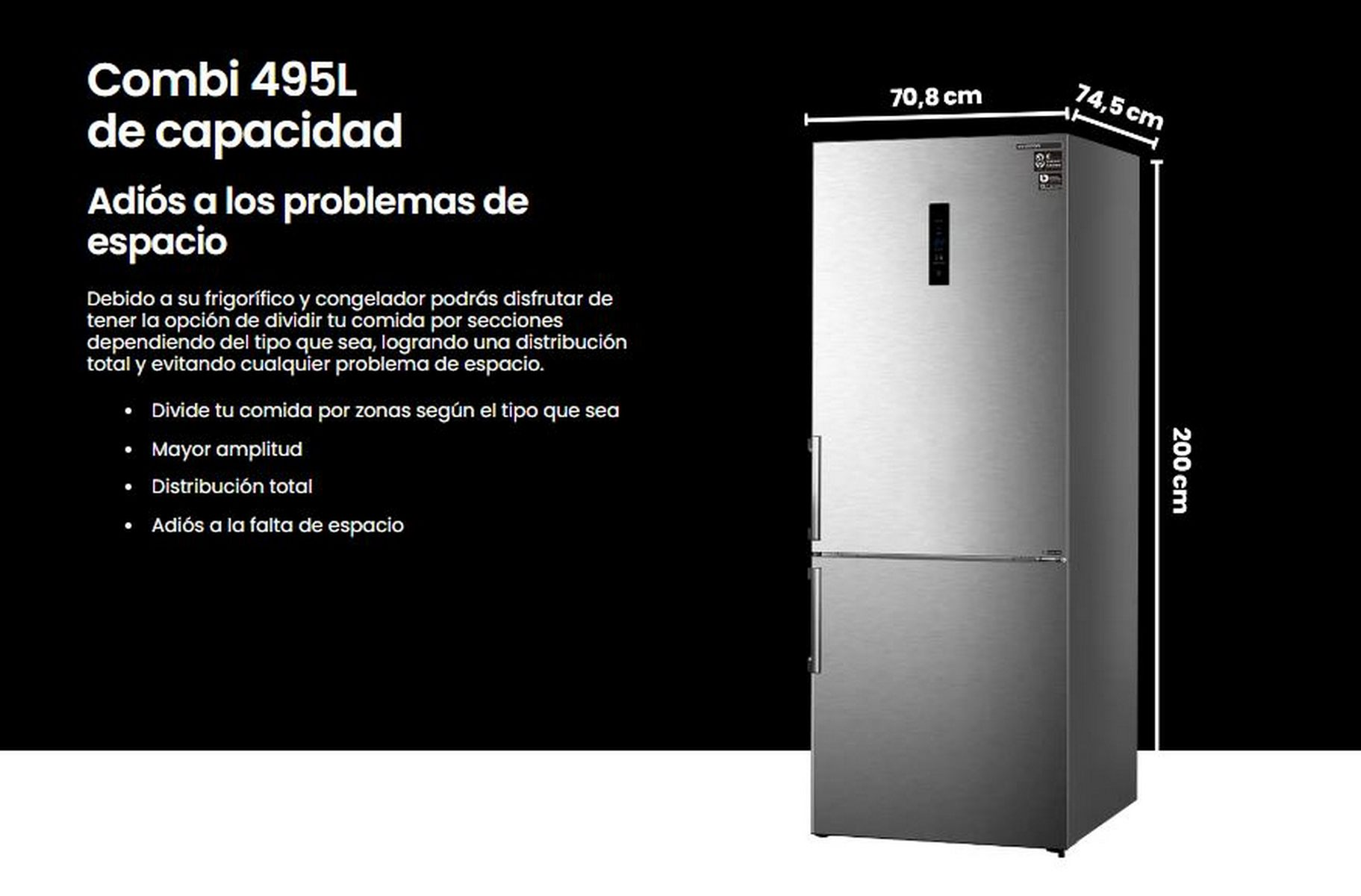 Un refrigerador de acero inoxidable con texto y dimensiones sobre fondo negro.