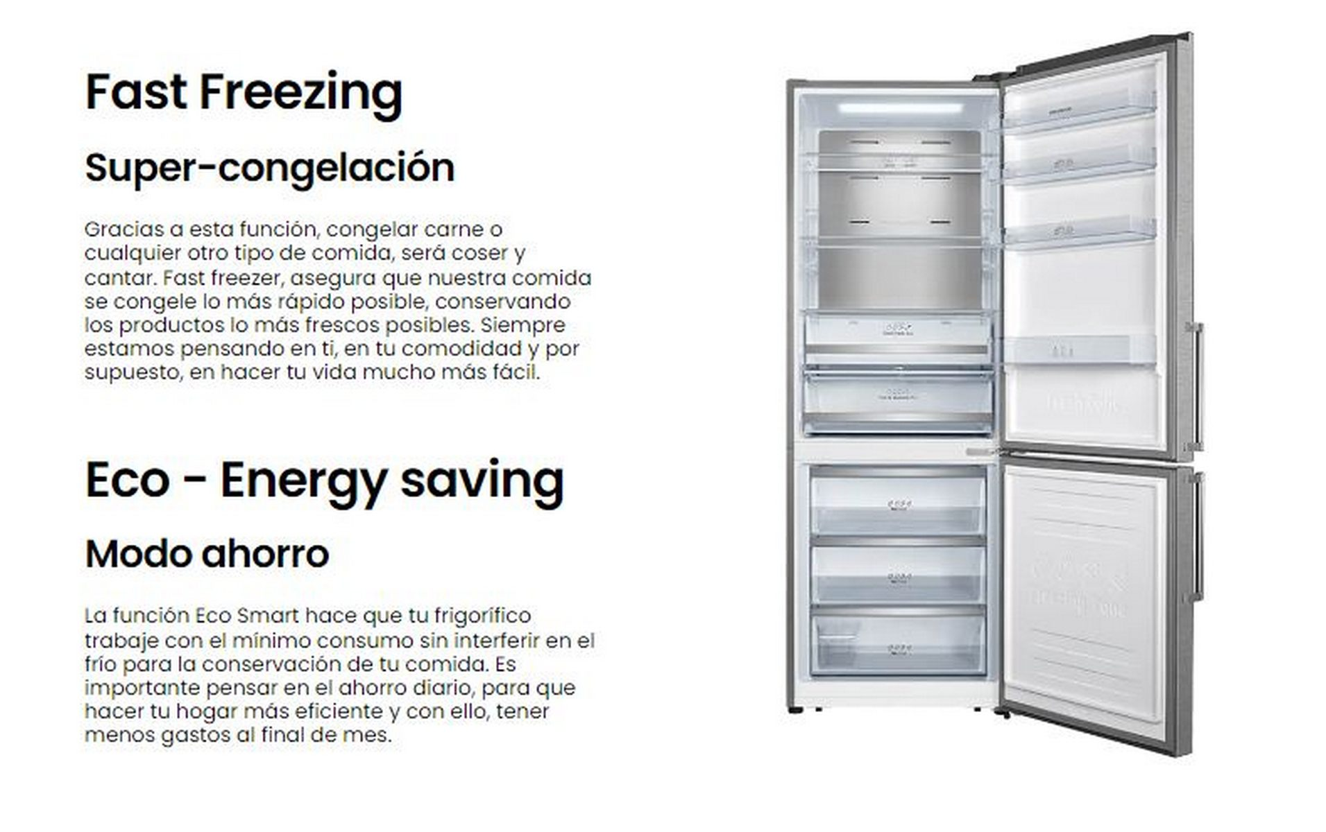 Refrigerador abierto con estantes, cajones y texto sobre congelación rápida y funciones de ahorro de energía.