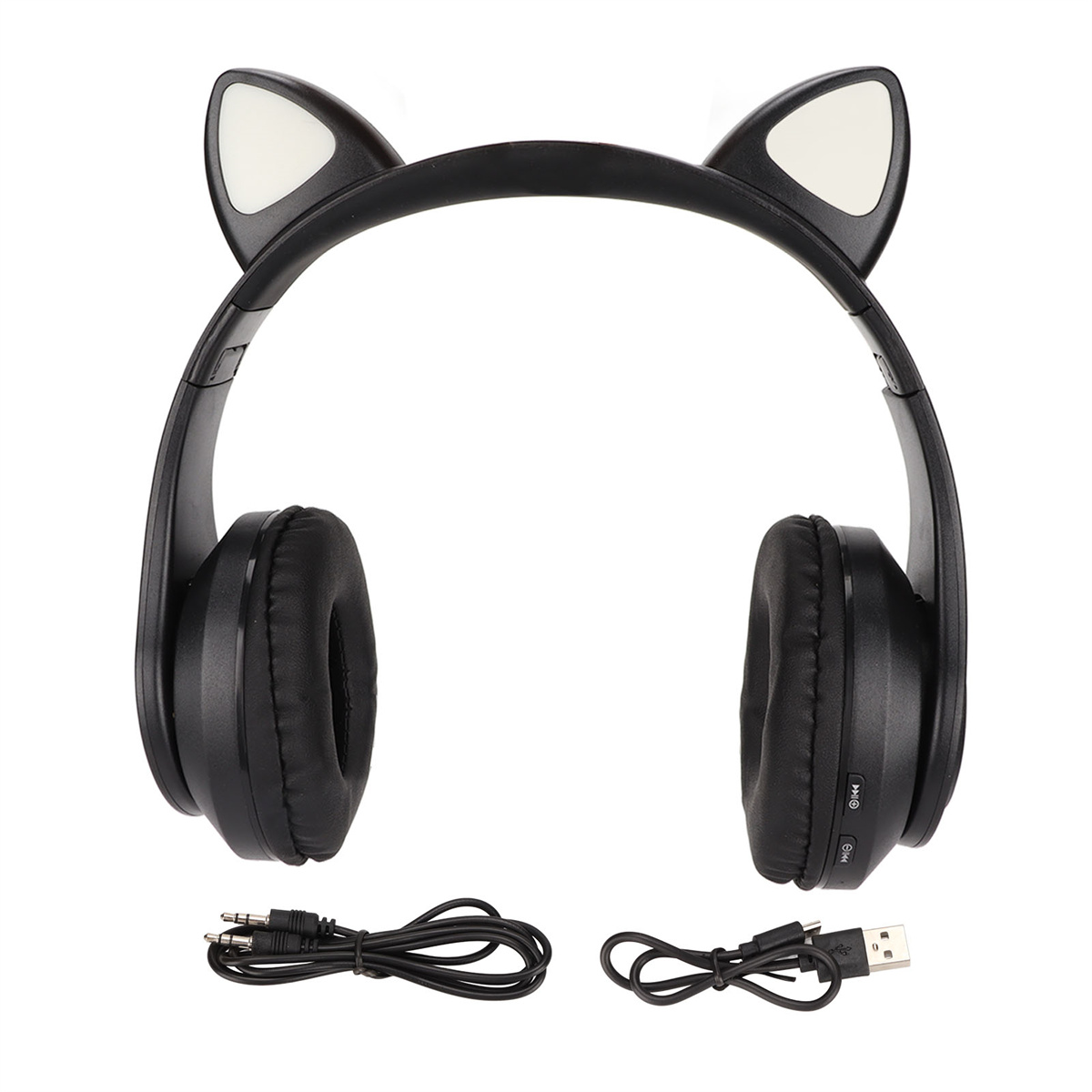 Schwarze Katzenohr-Kopfhörer mit weißen Ohrenspitzen und einem USB- und Audiokabel.