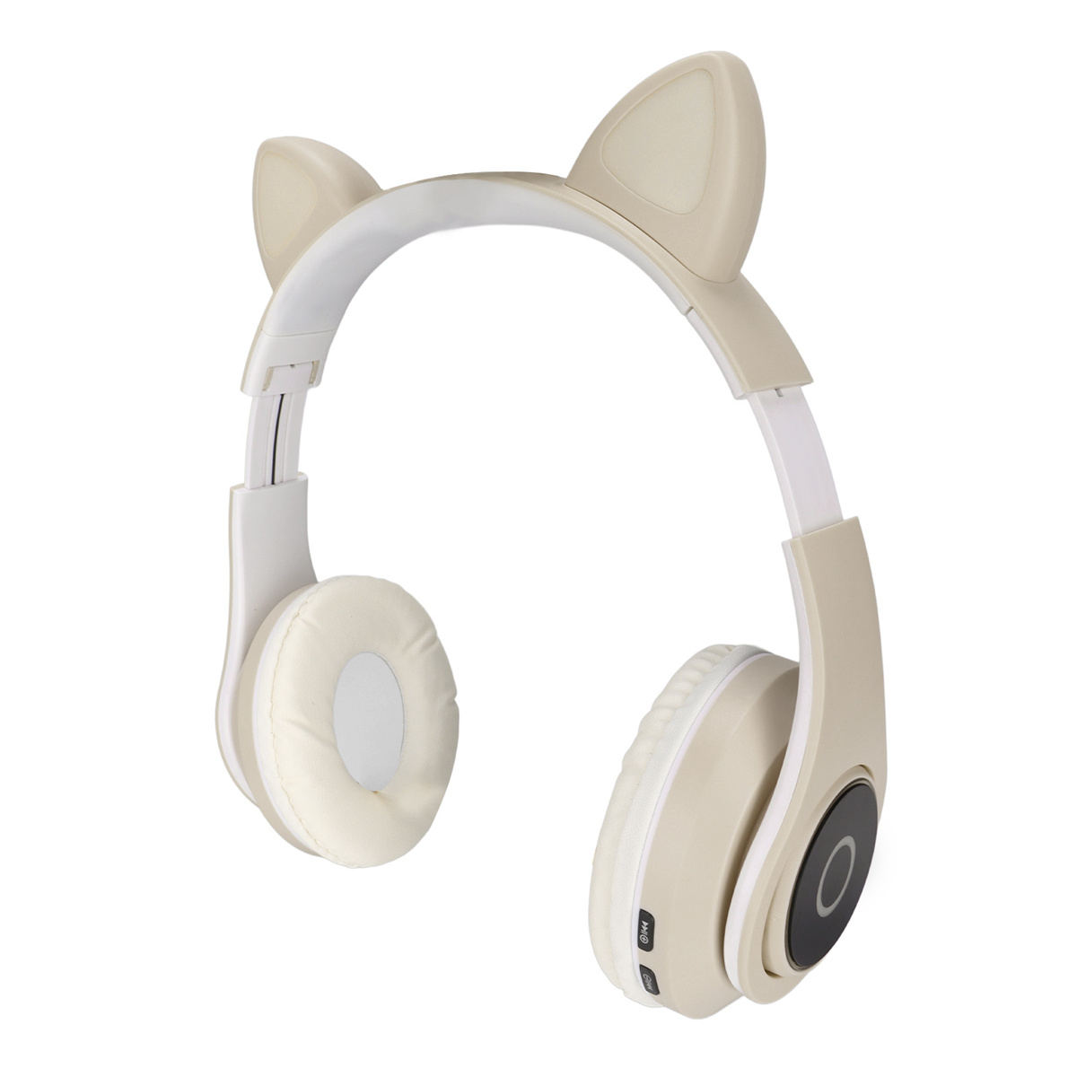 Beige Katzenohr-Kopfhörer, weißes Stirnband. Ohrmuscheln sind beige mit weißer Polsterung.