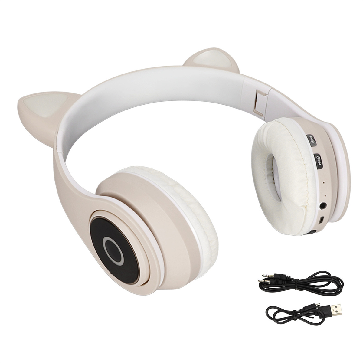 Beige Katzenohr-Kopfhörer mit weißem Stirnband und zwei Ladekabeln.