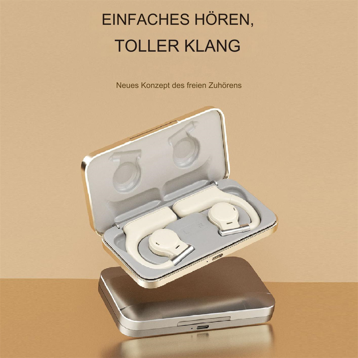 Ohrhörer in einem Etui. Text lautet 'Einfaches Hören, toller Klang'.