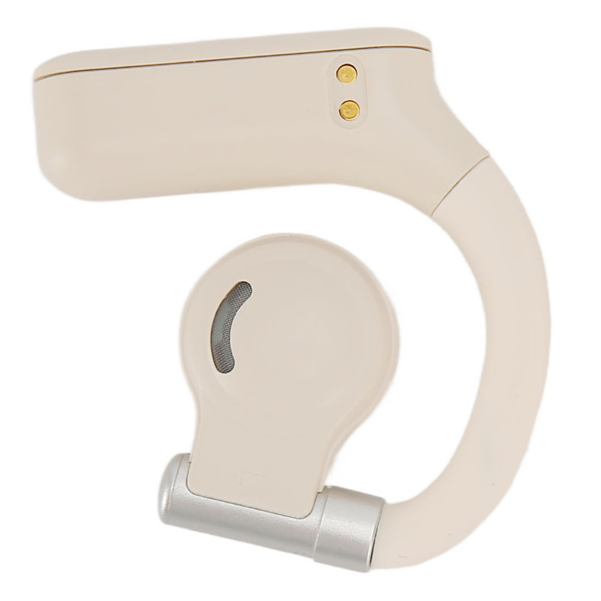 Beige In-Ear-Kopfhörer. Das Design umfasst einen Lautsprecher und eine gebogene Halterung.