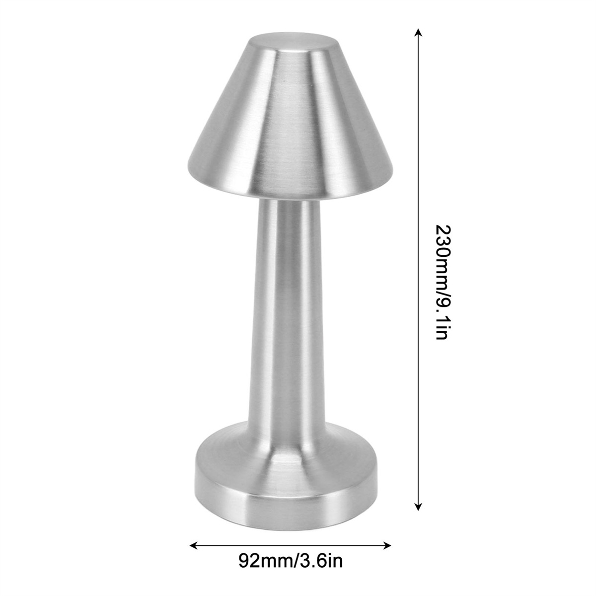 Eine silberne Schreibtischlampe. Sie ist zylindrisch und hat einen konischen Schirm. Abmessungen werden angezeigt.