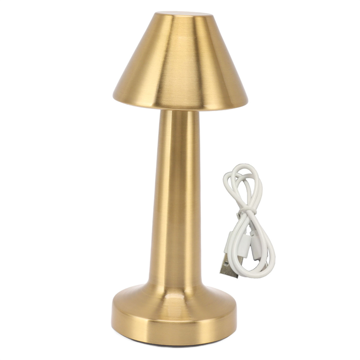 Goldene Tischlampe mit weißem USB-Kabel. Weißer Hintergrund.