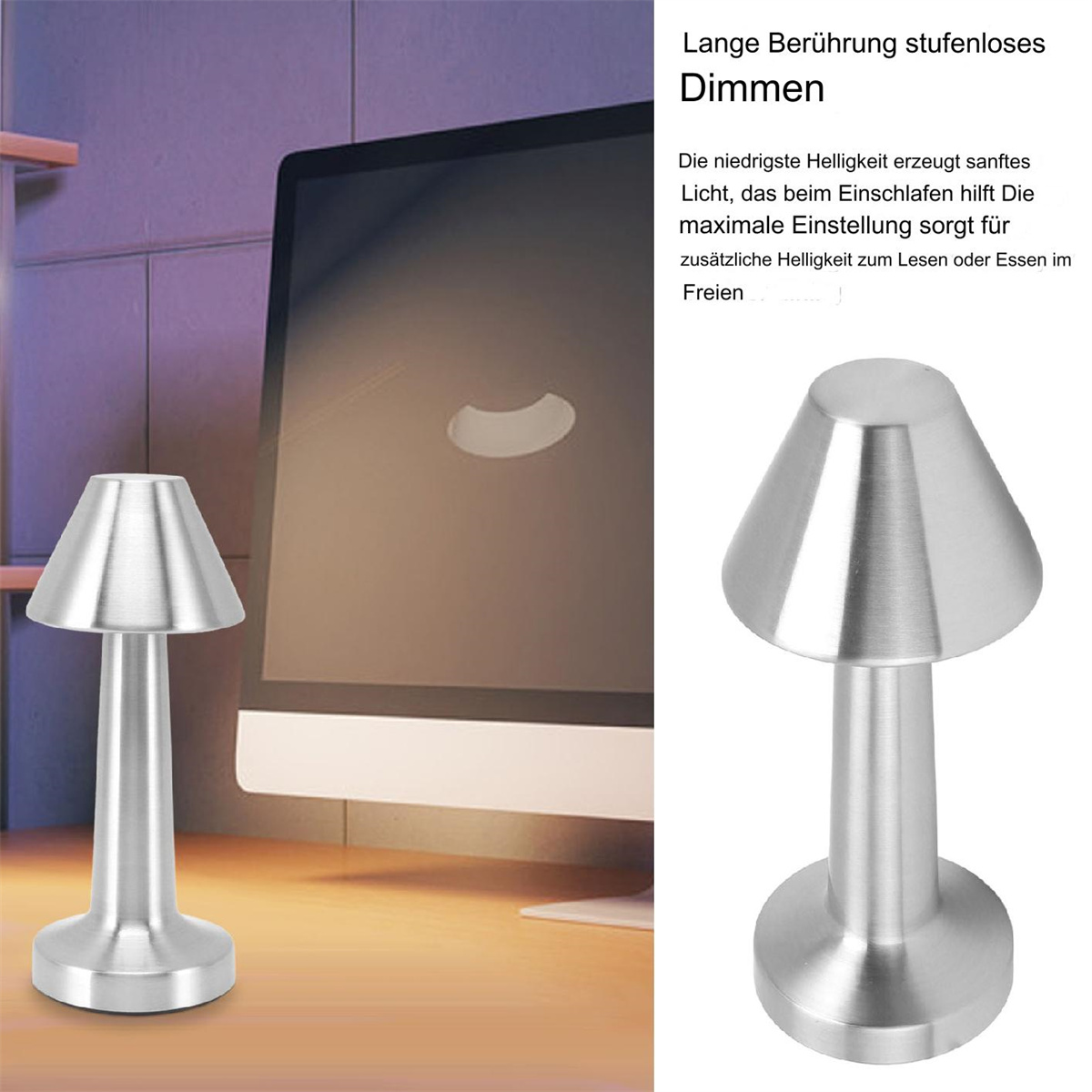 Silberne Tischlampe mit konischem Schirm, neben einem Computermonitor auf einem Schreibtisch.
