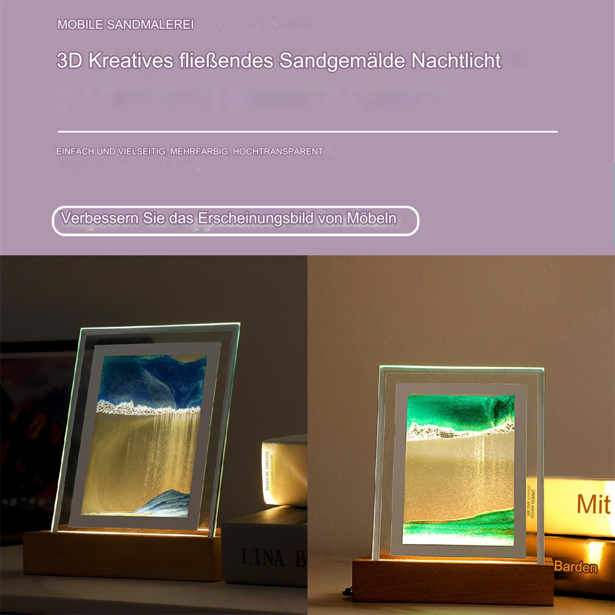 Zwei gerahmte Sandkunstwerke mit hellen Sockeln auf einem Holztisch.