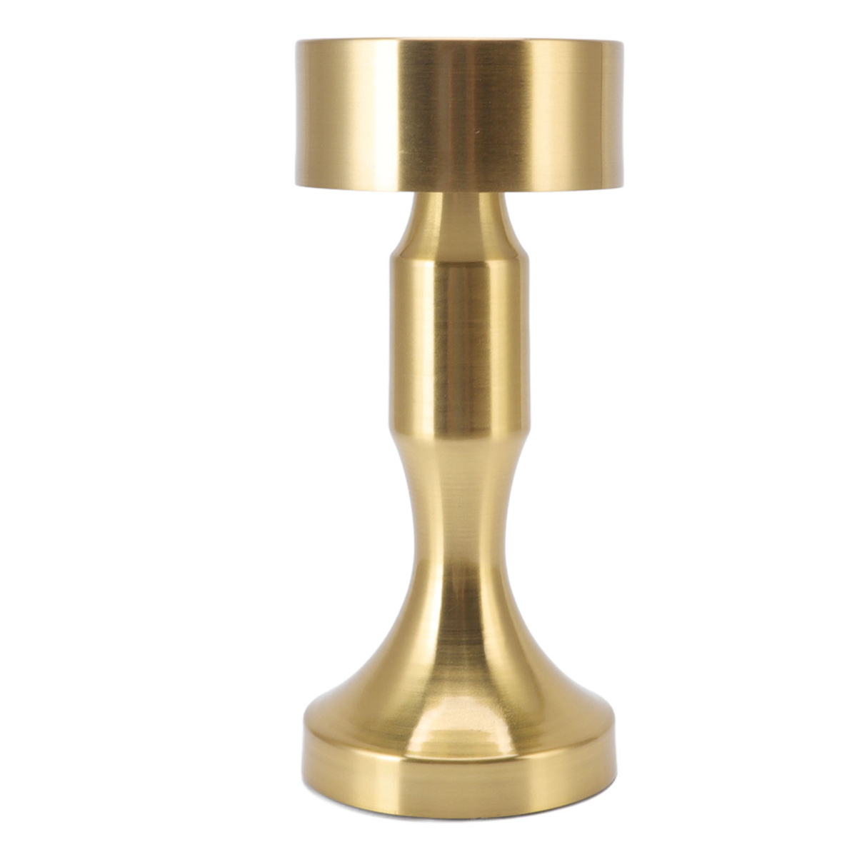 Goldener Kerzenhalter, einfaches Design, mit Sockel, Stiel und Oberteil für eine Kerze.