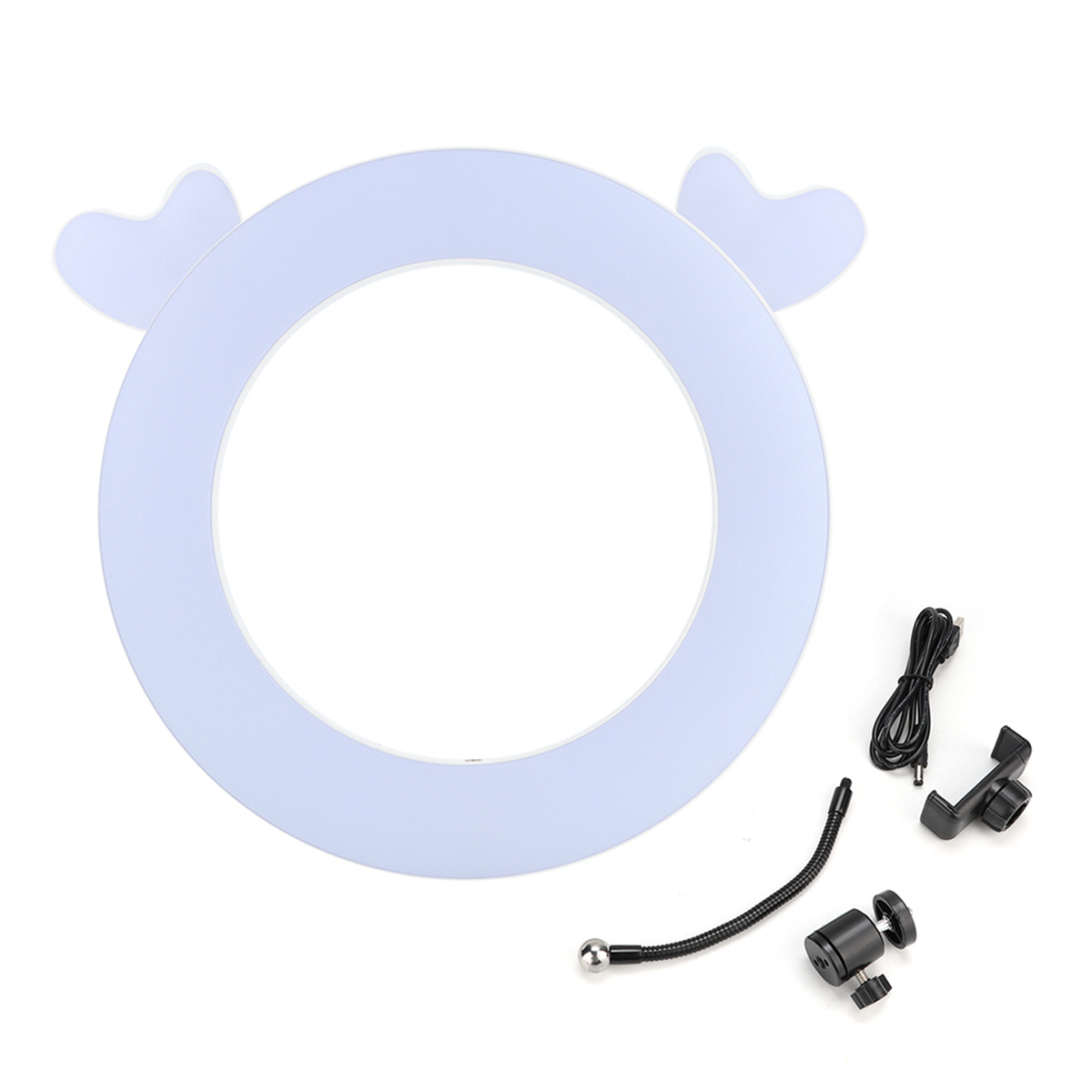 Ein Ringlicht mit zwei Ohren, zusammen mit einem Telefonhalter und anderem Zubehör.