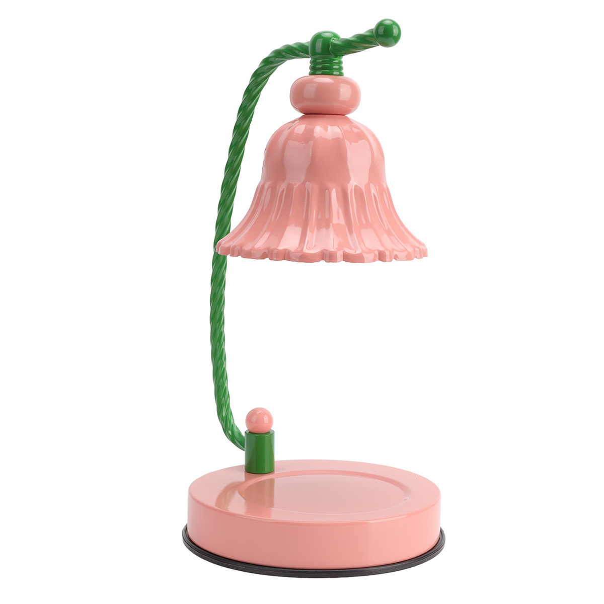 Eine rosa Lampe in Form einer Blume, sie steht auf einem runden Sockel mit einem grünen Stiel.
