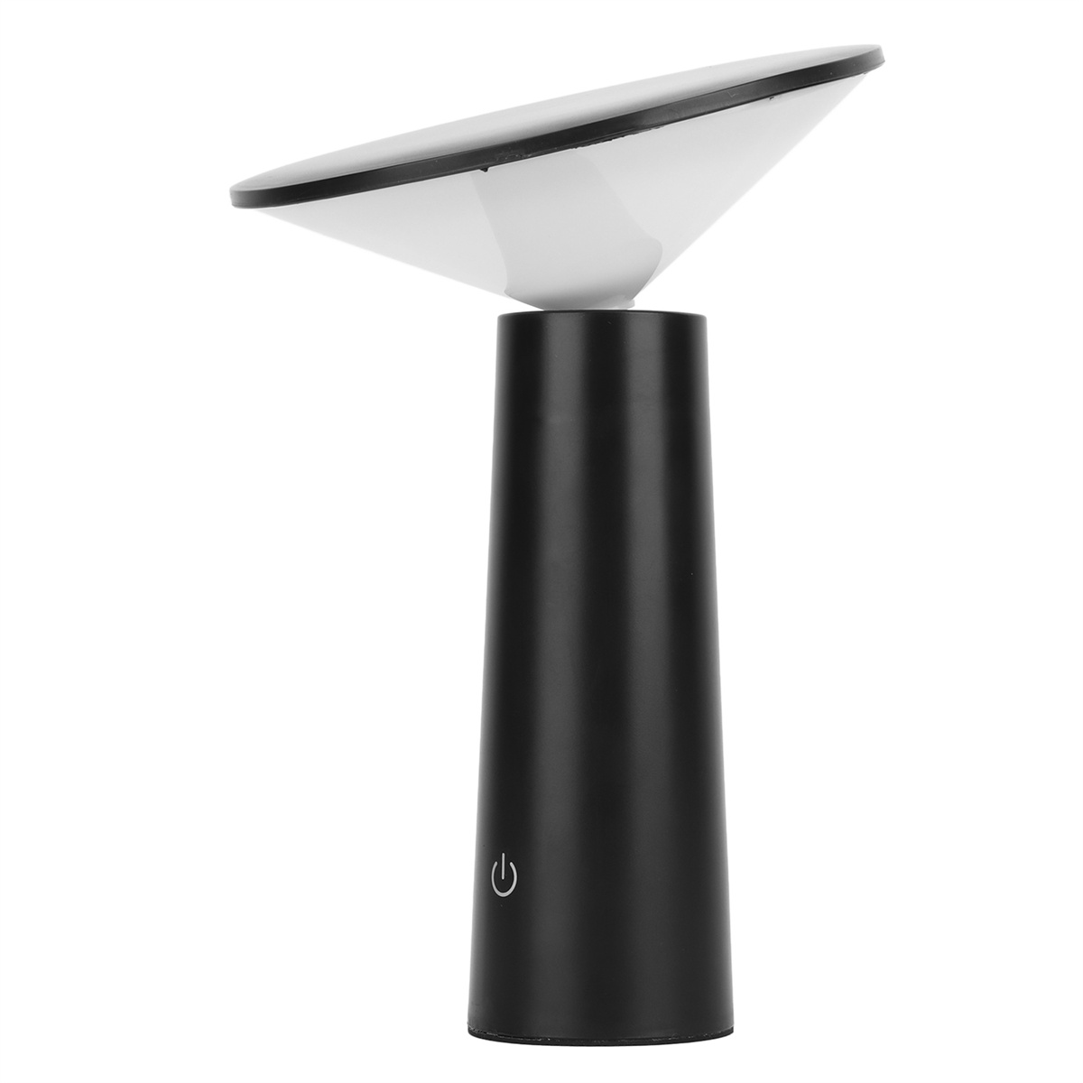 Eine Lampe mit weißer Oberseite und schwarzem Sockel. Sie hat ein Stromsymbol auf dem Sockel.
