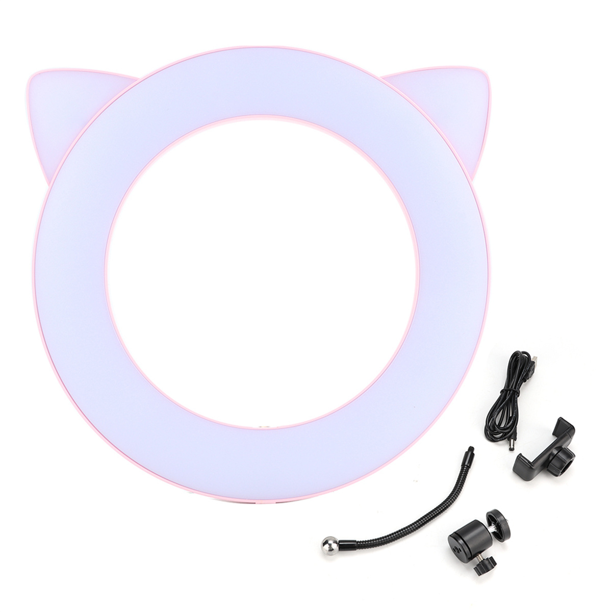 Ein rosa Ringlicht mit Katzenohren und Zubehör. Es hat ein USB-Kabel, einen Ständer und eine Telefonhalterung.