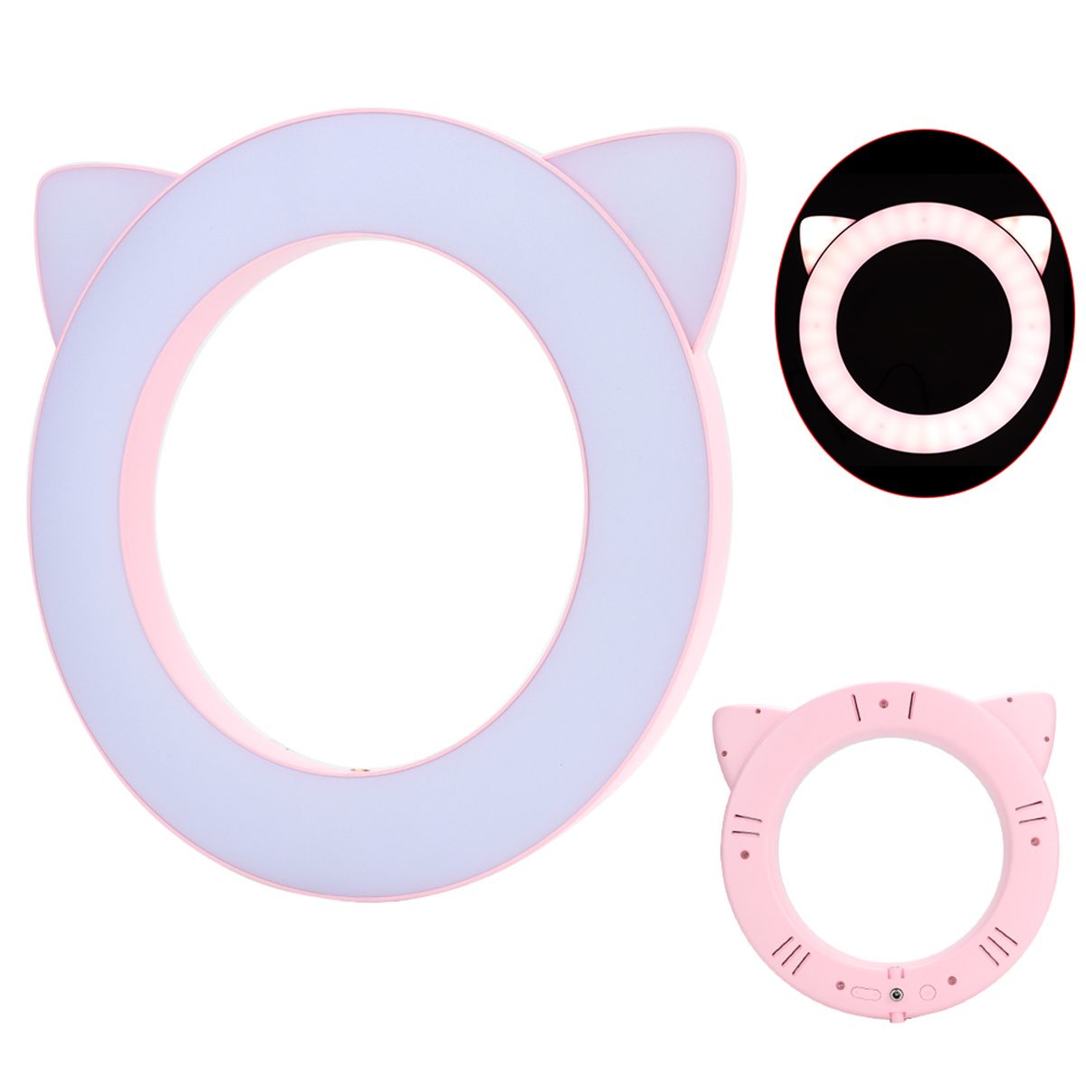 Rosa Katzenohr-Ringlicht mit zwei kleineren Versionen. Weißer Hintergrund.