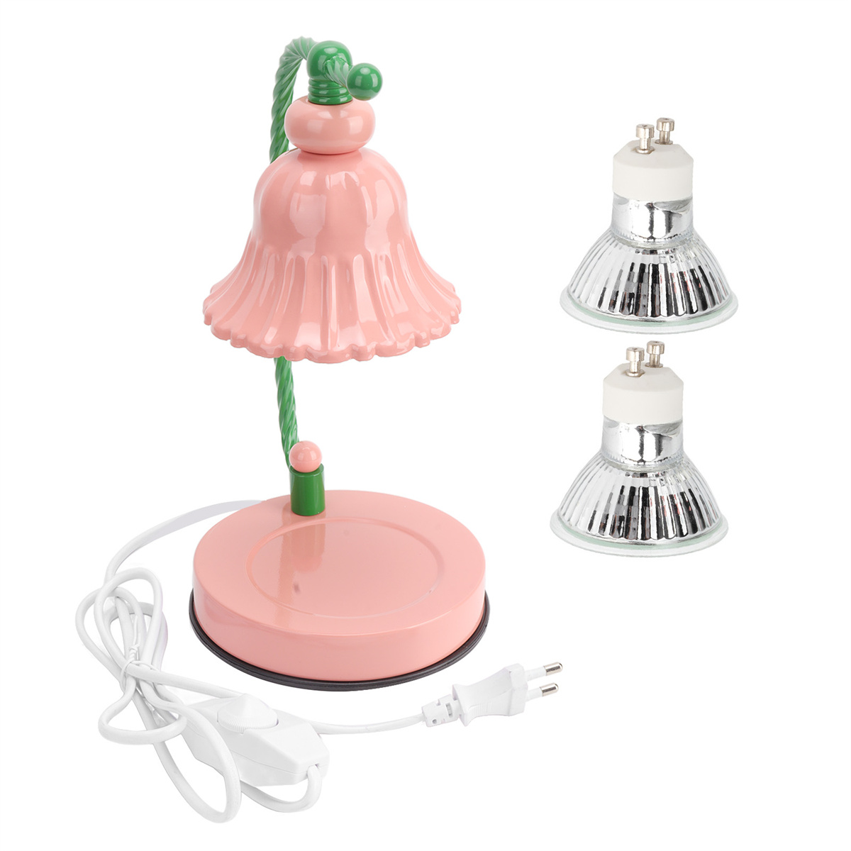 Eine rosa-grüne dekorative Lampe mit zwei Glühbirnen. Sie steht auf weißem Grund.