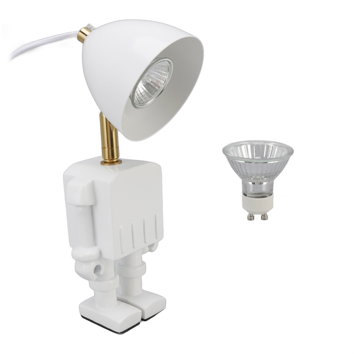 Weiße roboterförmige Lampe mit separater Glühbirne.