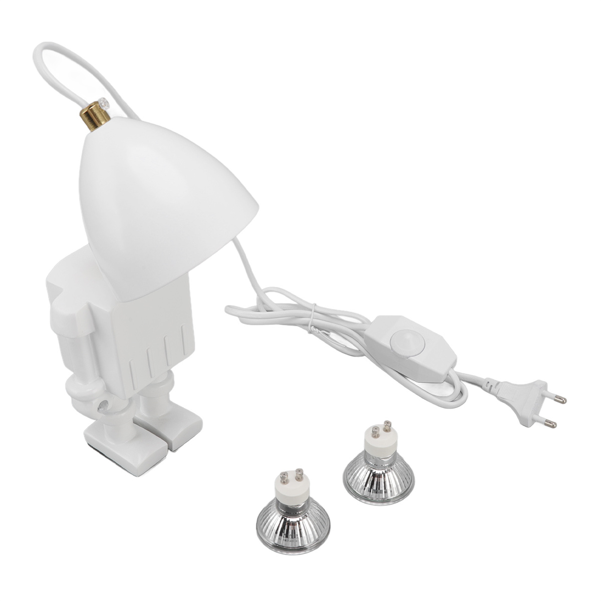 Weiße roboterförmige Lampe mit zwei Glühbirnen und Kabel. Weißer Hintergrund.