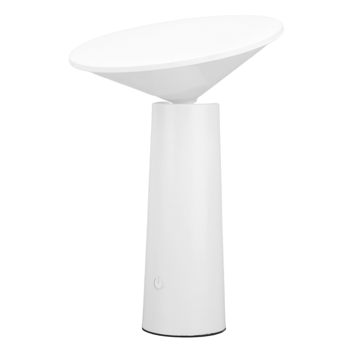 Weiße Schreibtischlampe mit konischem Schirm und zylindrischem Sockel, mit Ein/Aus-Taste.
