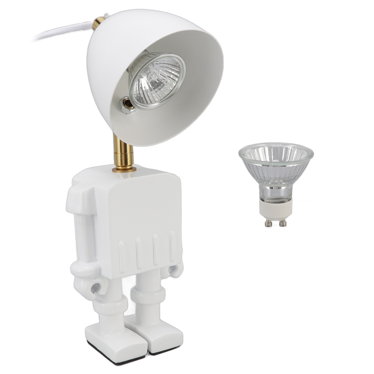 Weiße Roboter-Lampe und eine separate Glühbirne. Weißer Hintergrund.