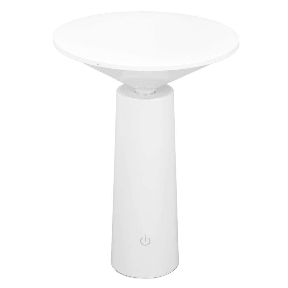 Weiße Tischlampe mit rundem Oberteil und zylindrischem Sockel. Ein-/Aus-Taste am Sockel. Minimalistisches Design.
