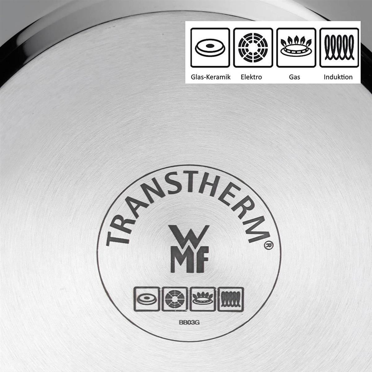 Edelstahltopfboden. Symbole für Heizarten. TransTherm und WMF Logo sichtbar.