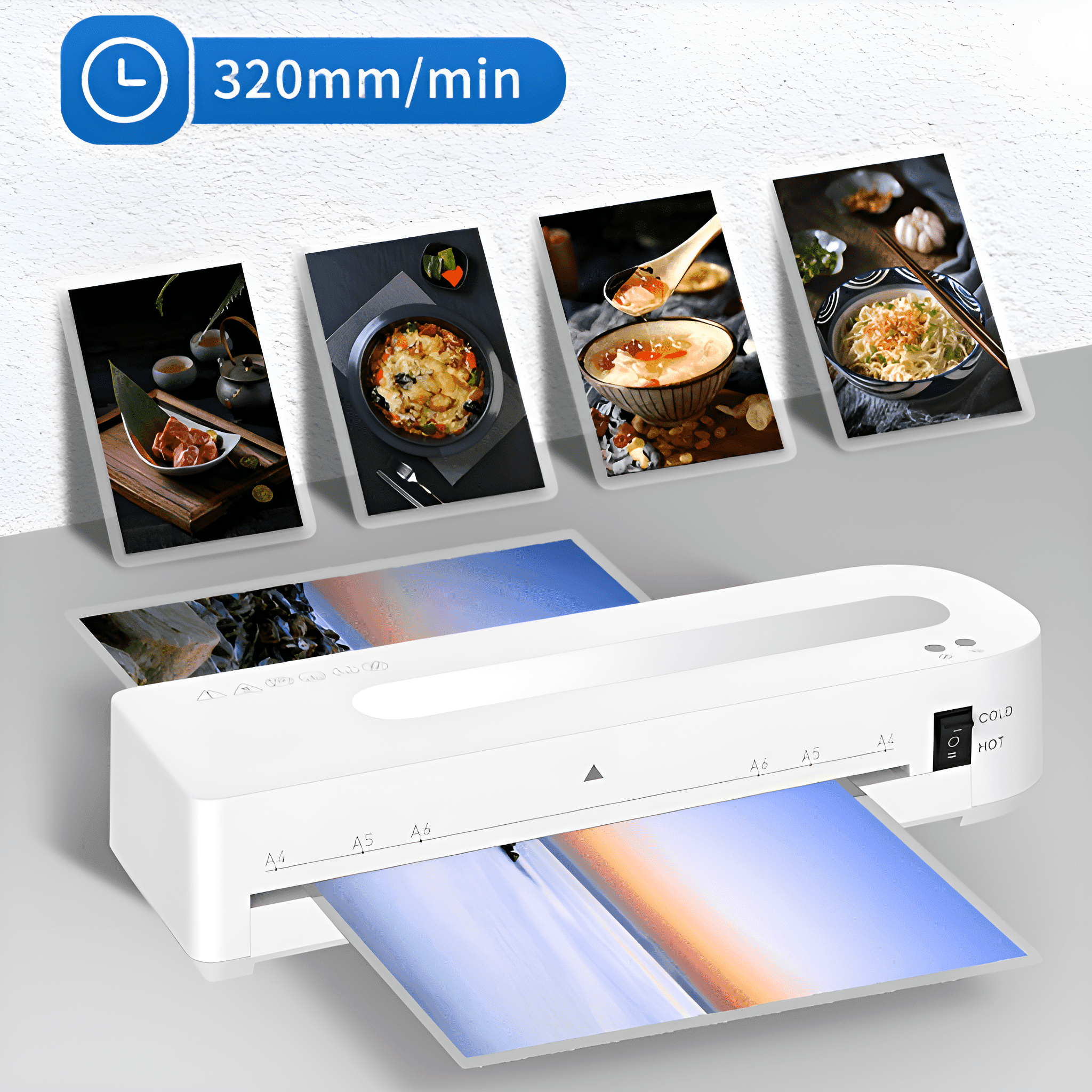 Ein weißer Laminator mit 4 Essensbildern und einem laminierten Blatt mit blauem Bild.